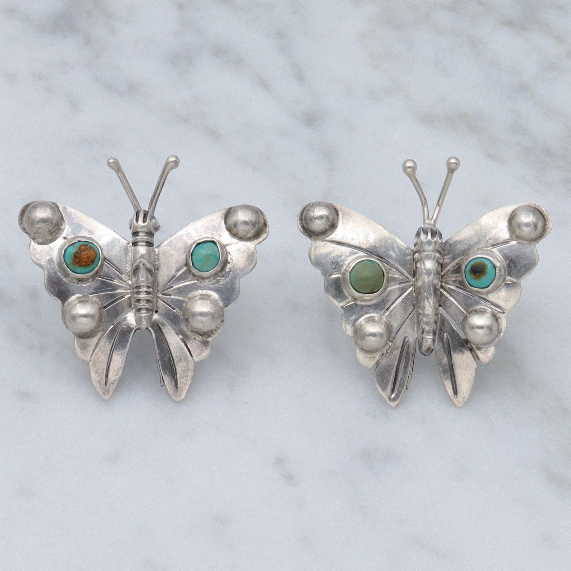 Antique 1930's Mexican sterling turquoise butterfly earrings