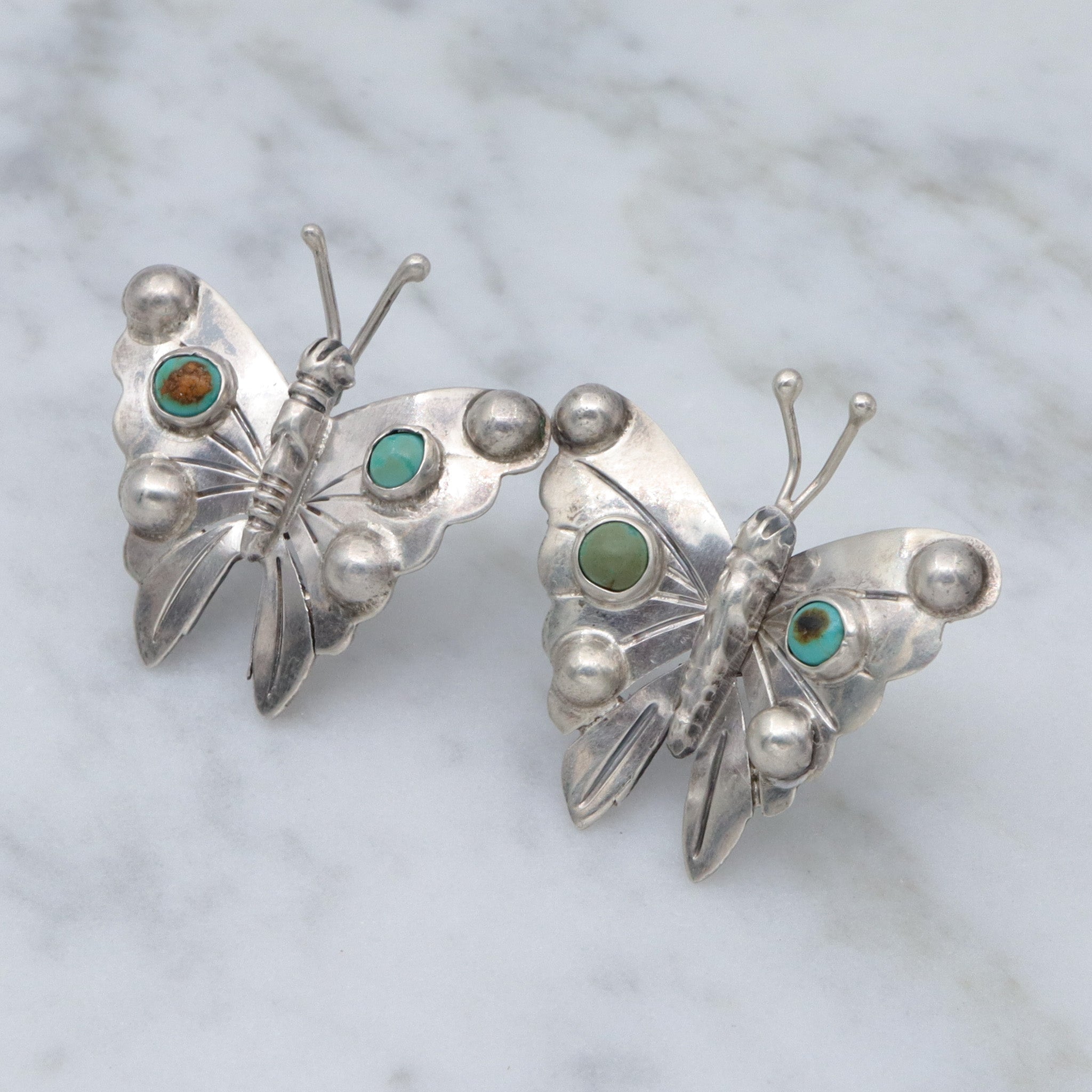 Antique 1930’s Mexican sterling & turquoise butterfly earrings