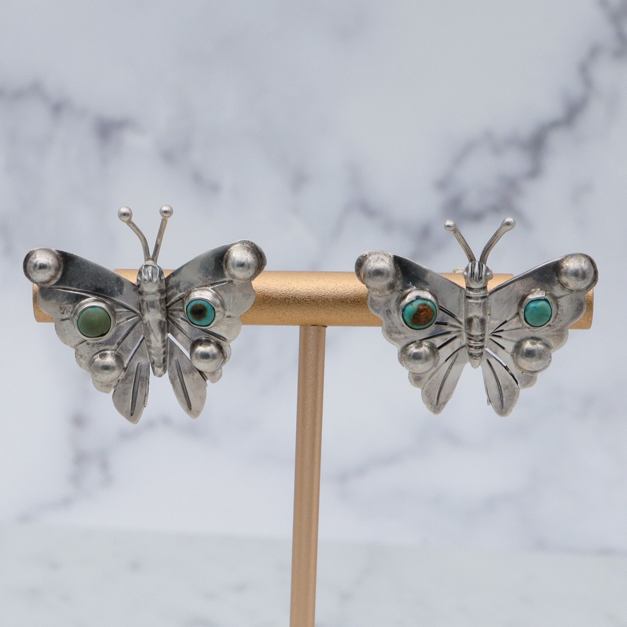 Antique 1930’s Mexican sterling & turquoise butterfly earrings