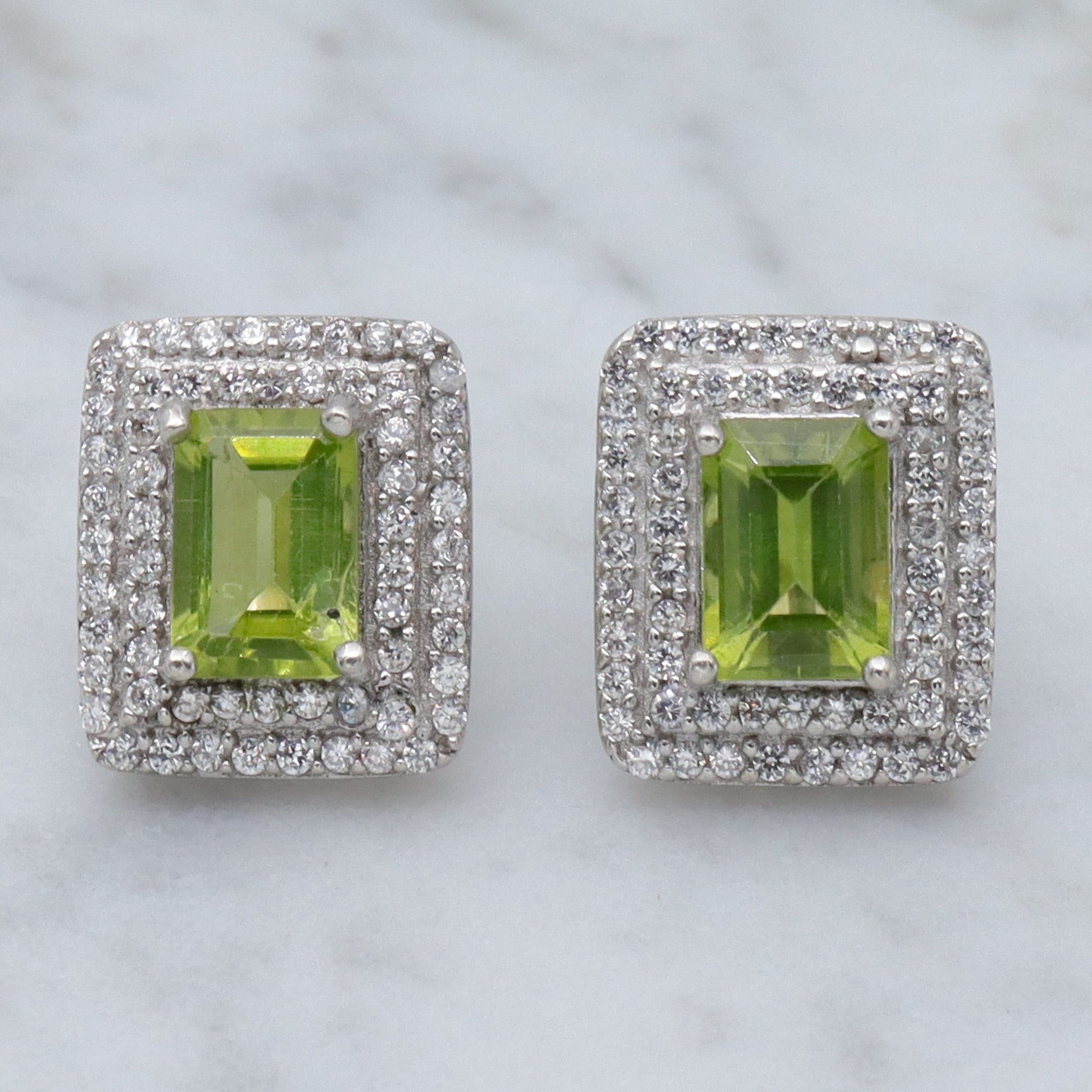 Vintage sterling, peridot and cubic zirconia block stud earrings