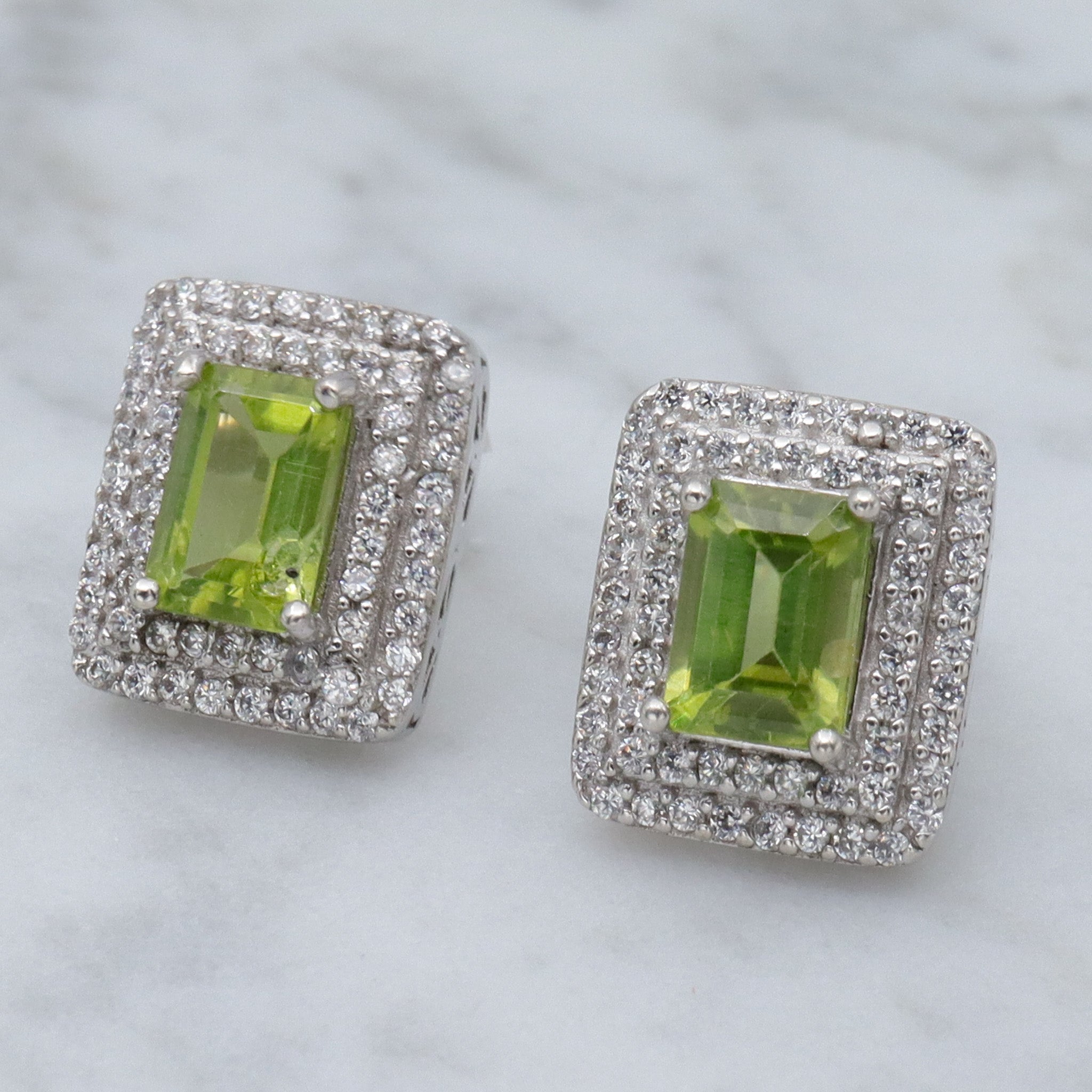Vintage sterling, peridot and cubic zirconia block stud earrings