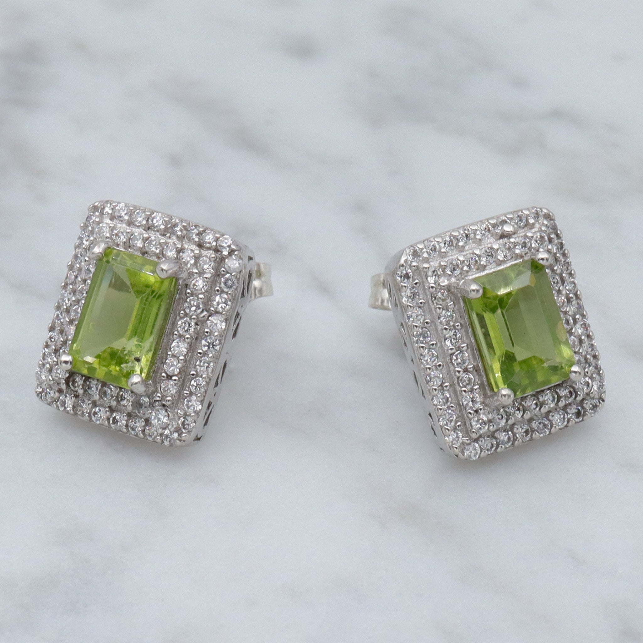 Vintage sterling, peridot and cubic zirconia block stud earrings