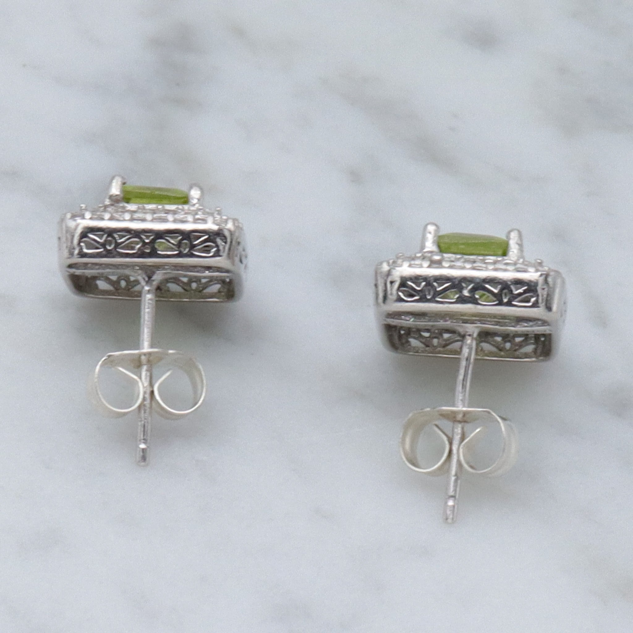 Vintage sterling, peridot and cubic zirconia block stud earrings