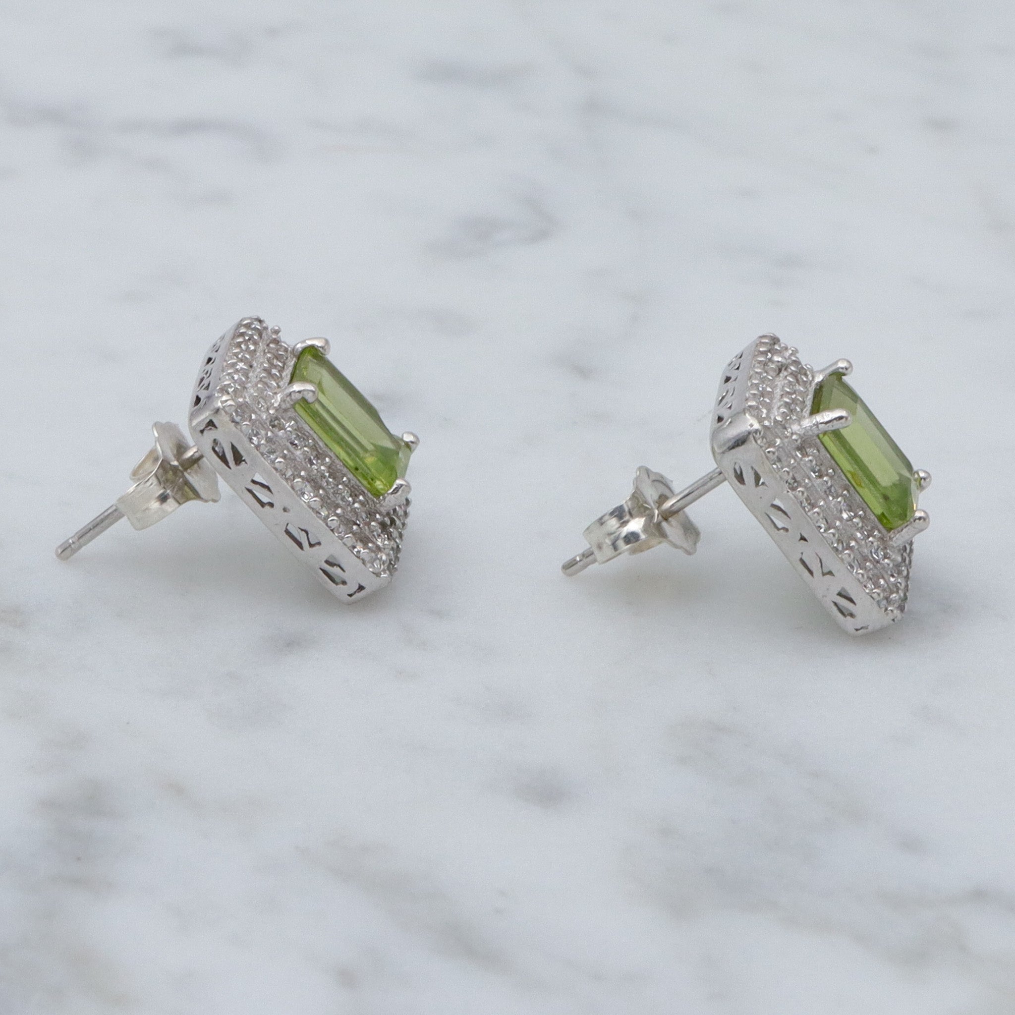 Vintage sterling, peridot and cubic zirconia block stud earrings