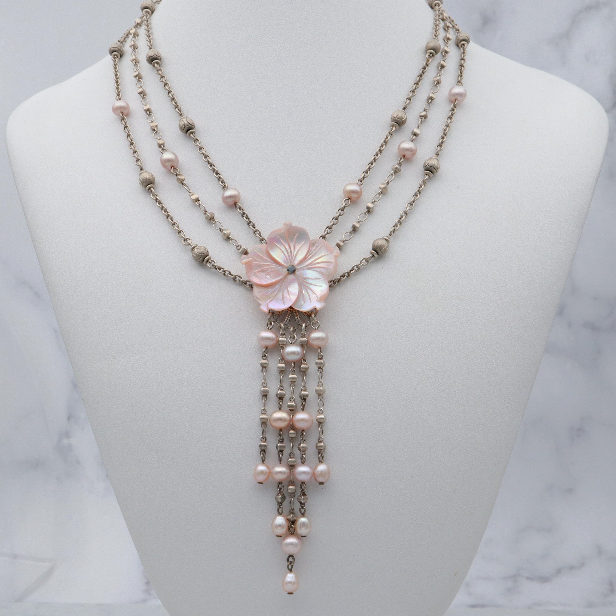 Retro Jacqueline Singh Paris mother of pearl beaded silver plated 3 strand necklace