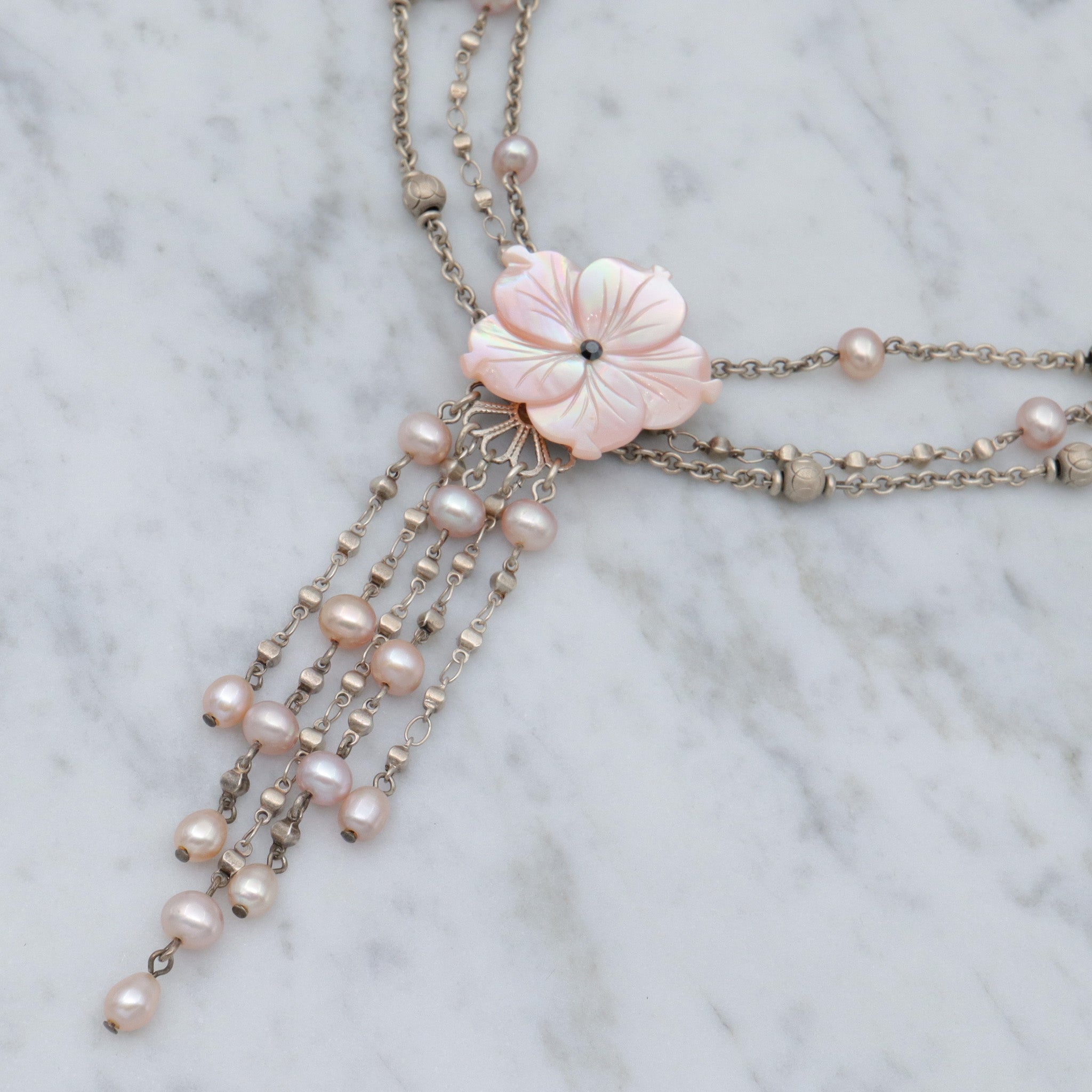 Retro Jacqueline Singh Paris mother of pearl beaded silver plated 3 strand necklace