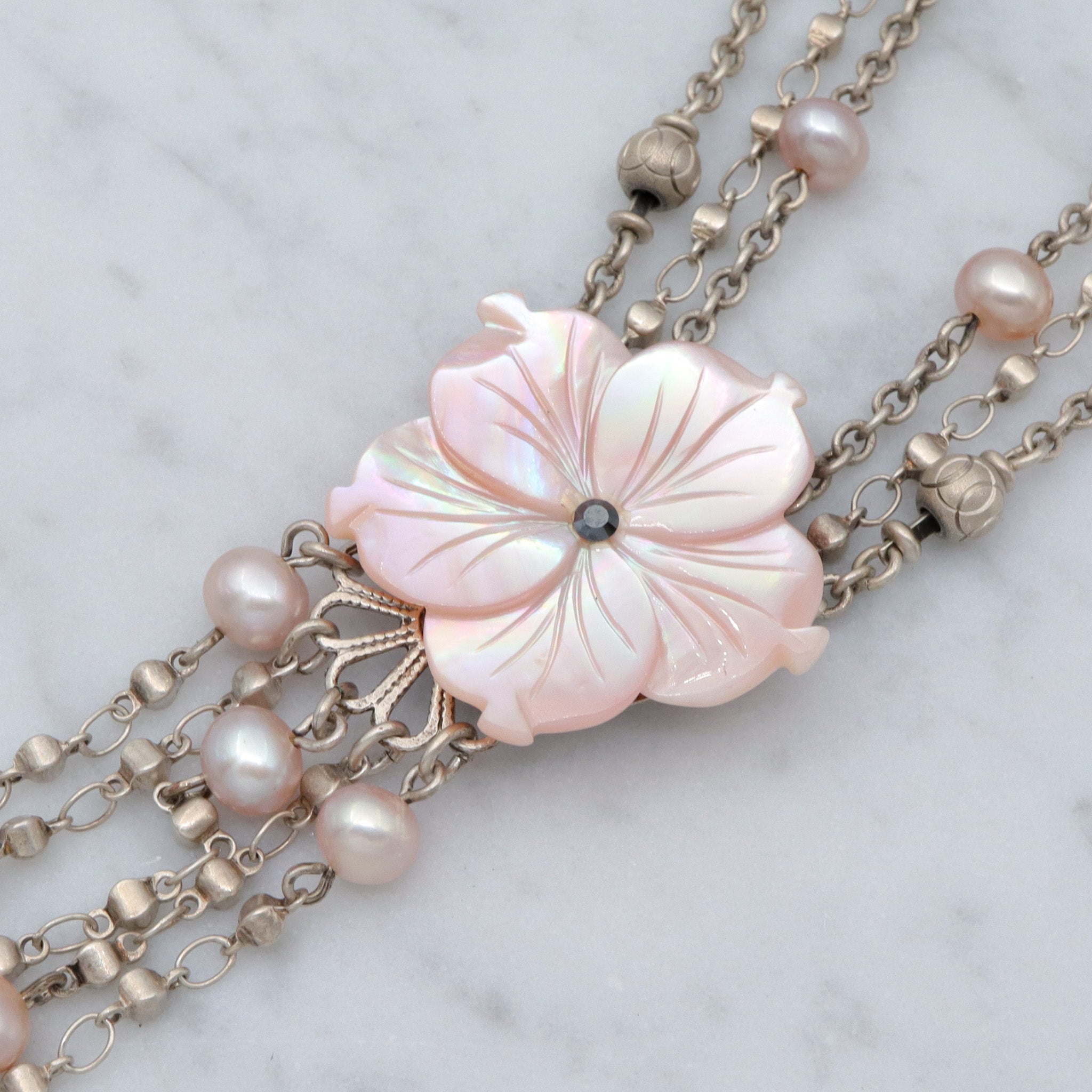 Retro Jacqueline Singh Paris mother of pearl beaded silver plated 3 strand necklace