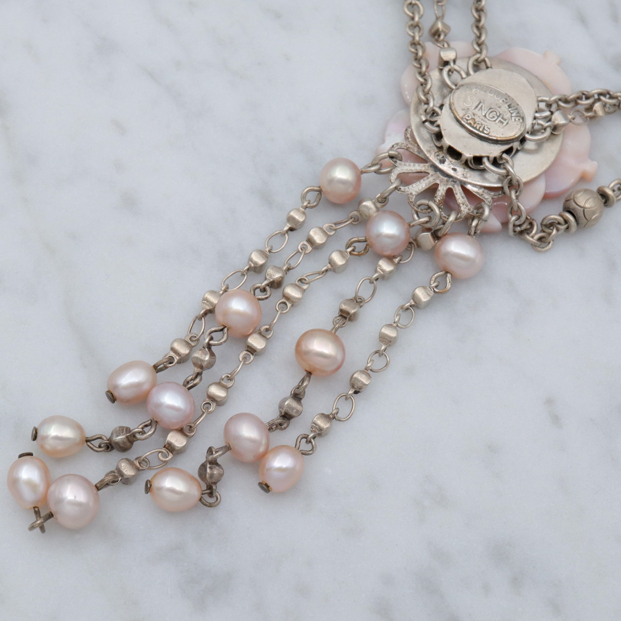 Retro Jacqueline Singh Paris mother of pearl beaded silver plated 3 strand necklace