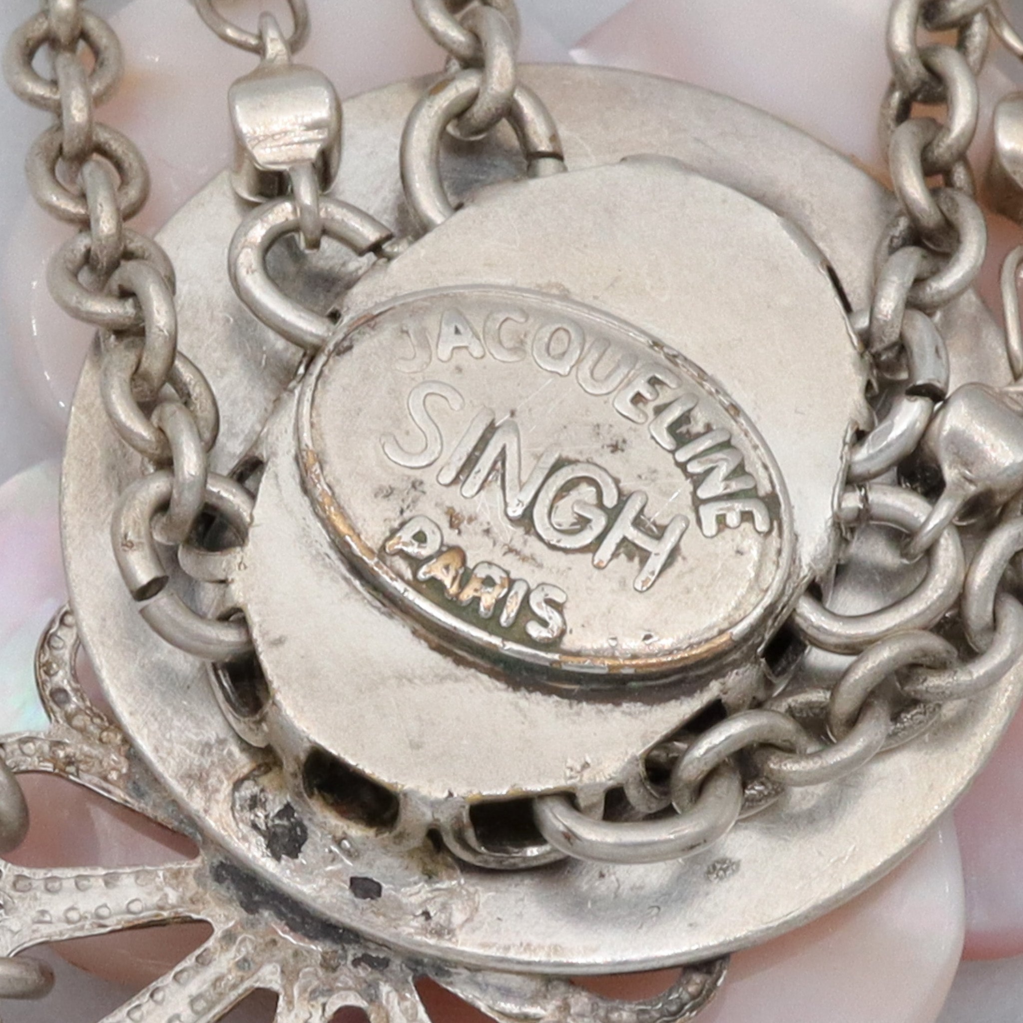 Retro Jacqueline Singh Paris mother of pearl beaded silver plated 3 strand necklace