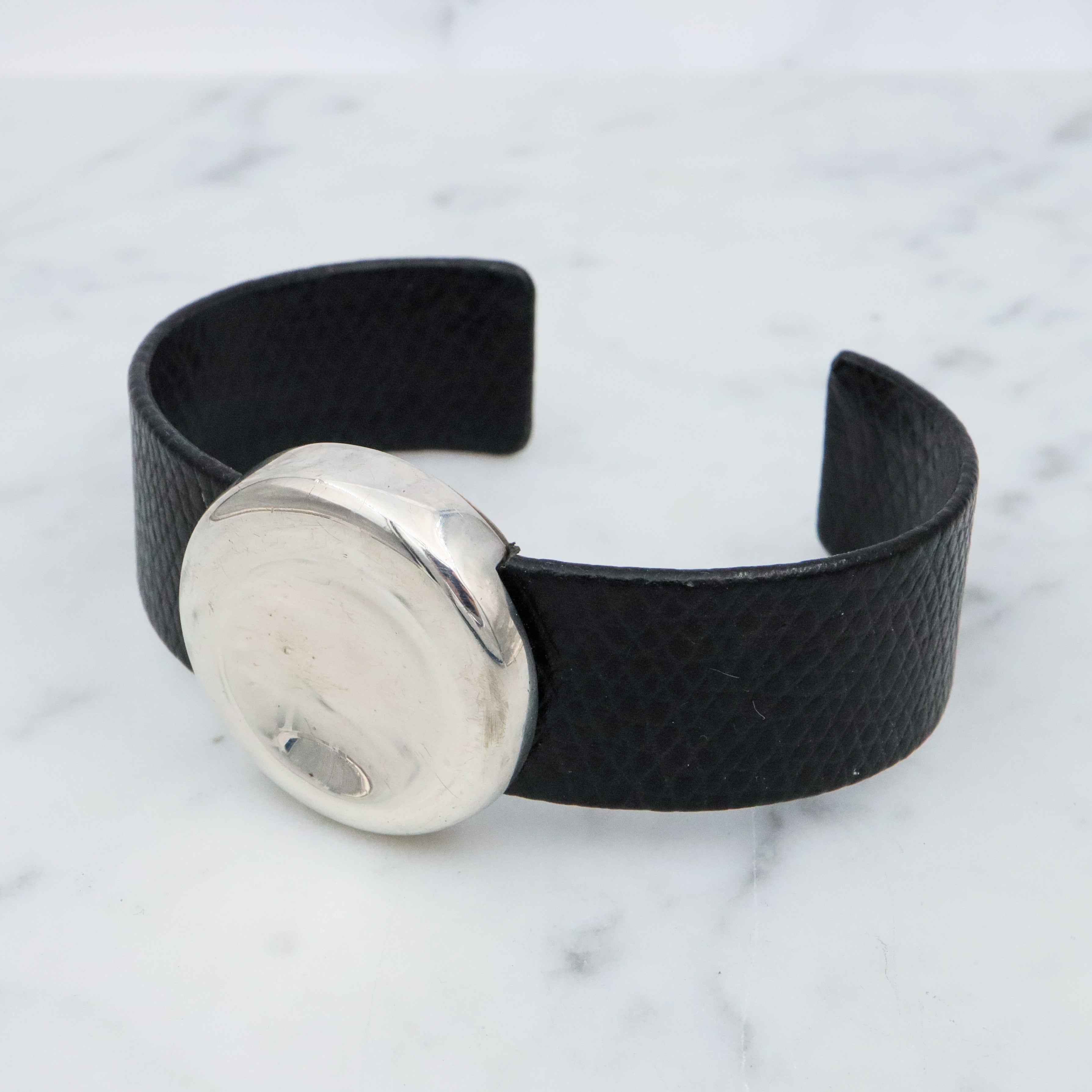 Retro Movado black leather & sterling button cuff bracelet