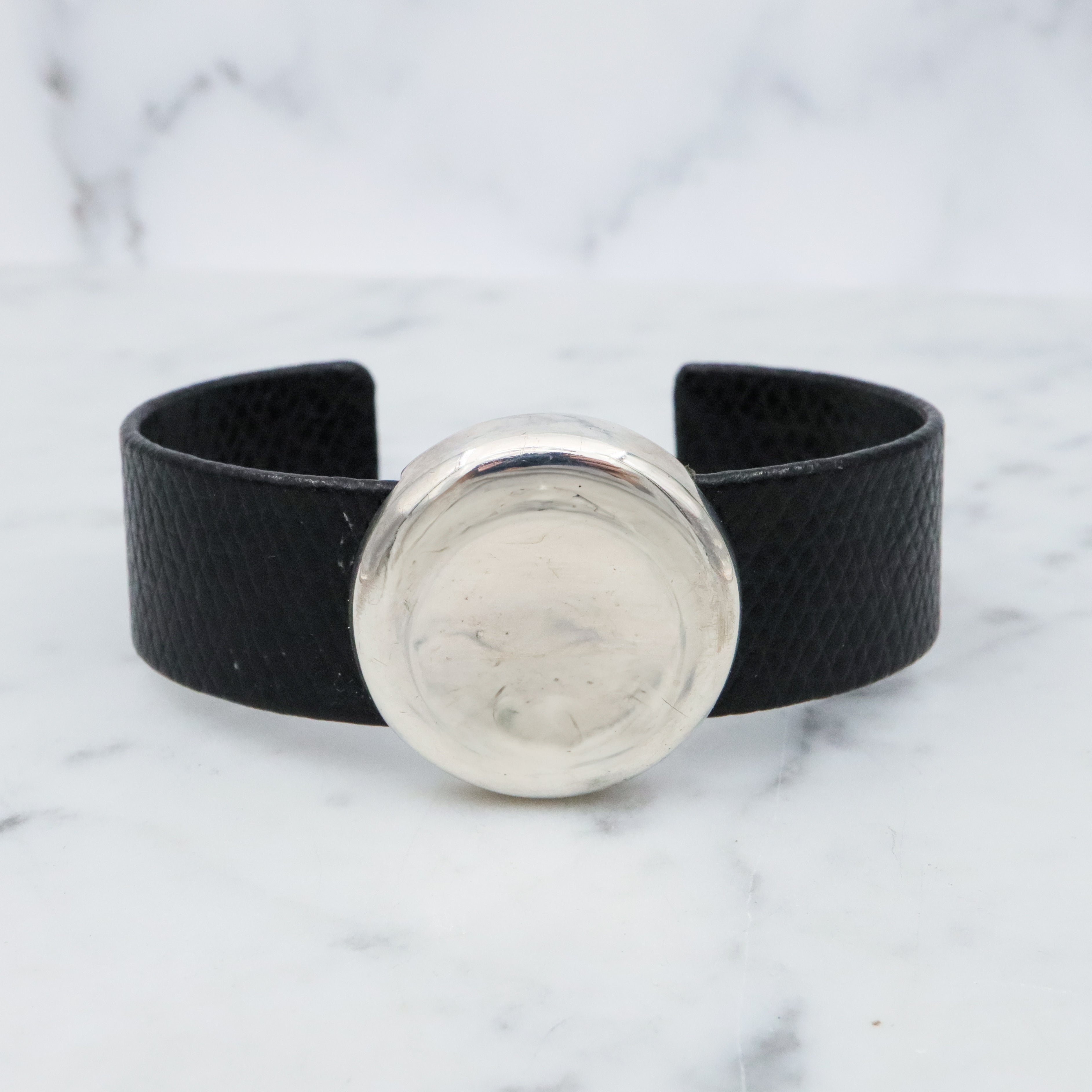 Retro Movado black leather & sterling button cuff bracelet