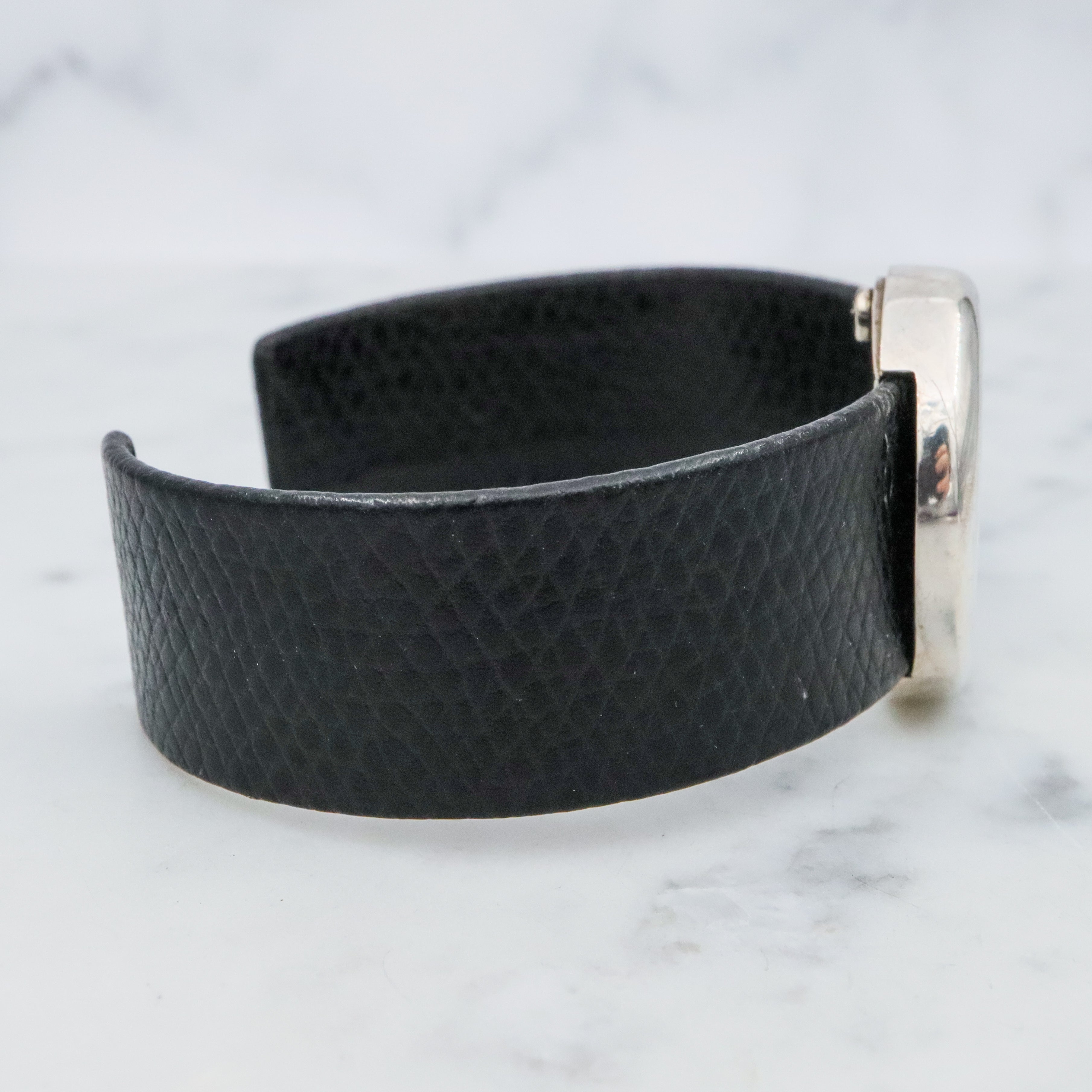 Retro Movado black leather & sterling button cuff bracelet