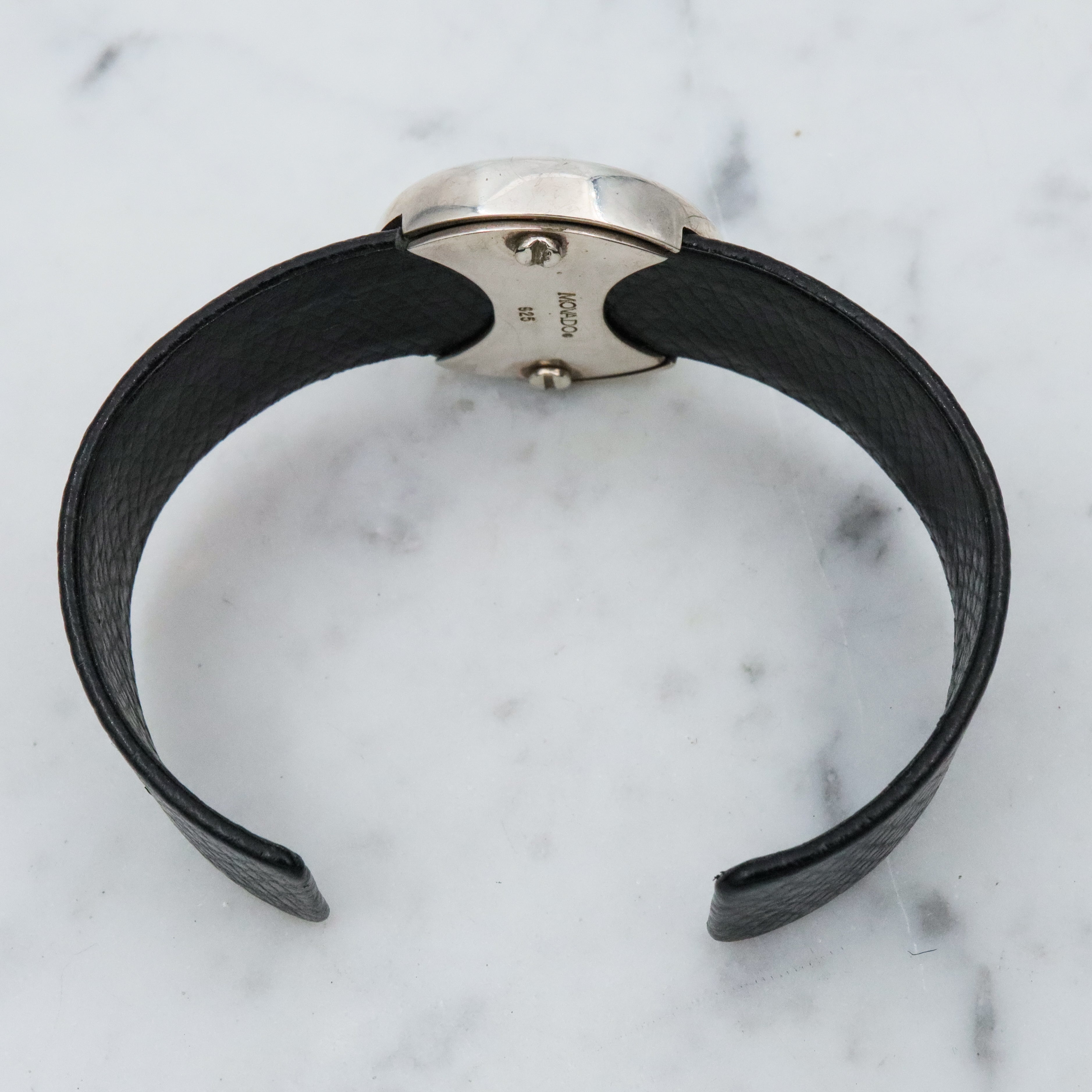 Retro Movado black leather & sterling button cuff bracelet