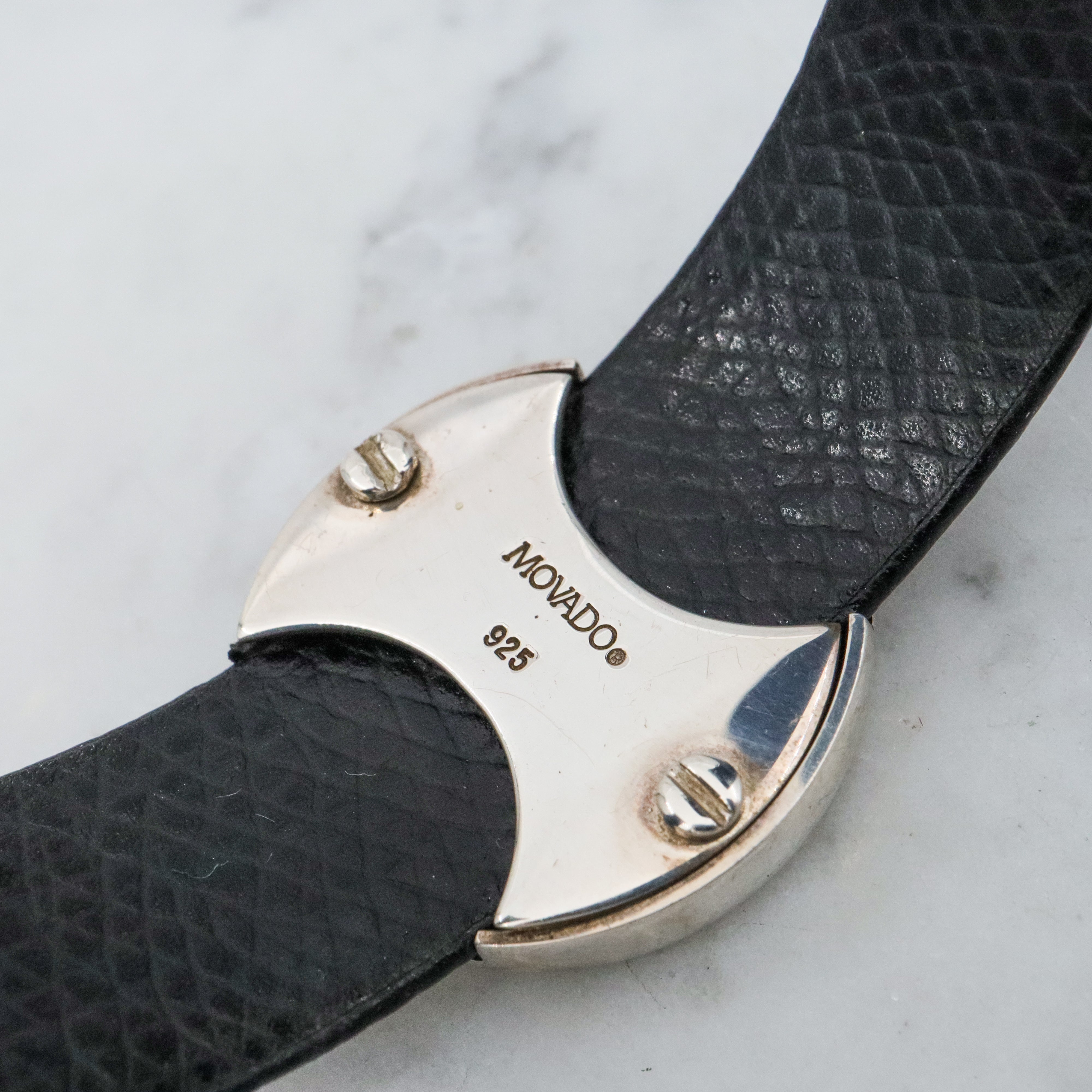 Retro Movado black leather & sterling button cuff bracelet