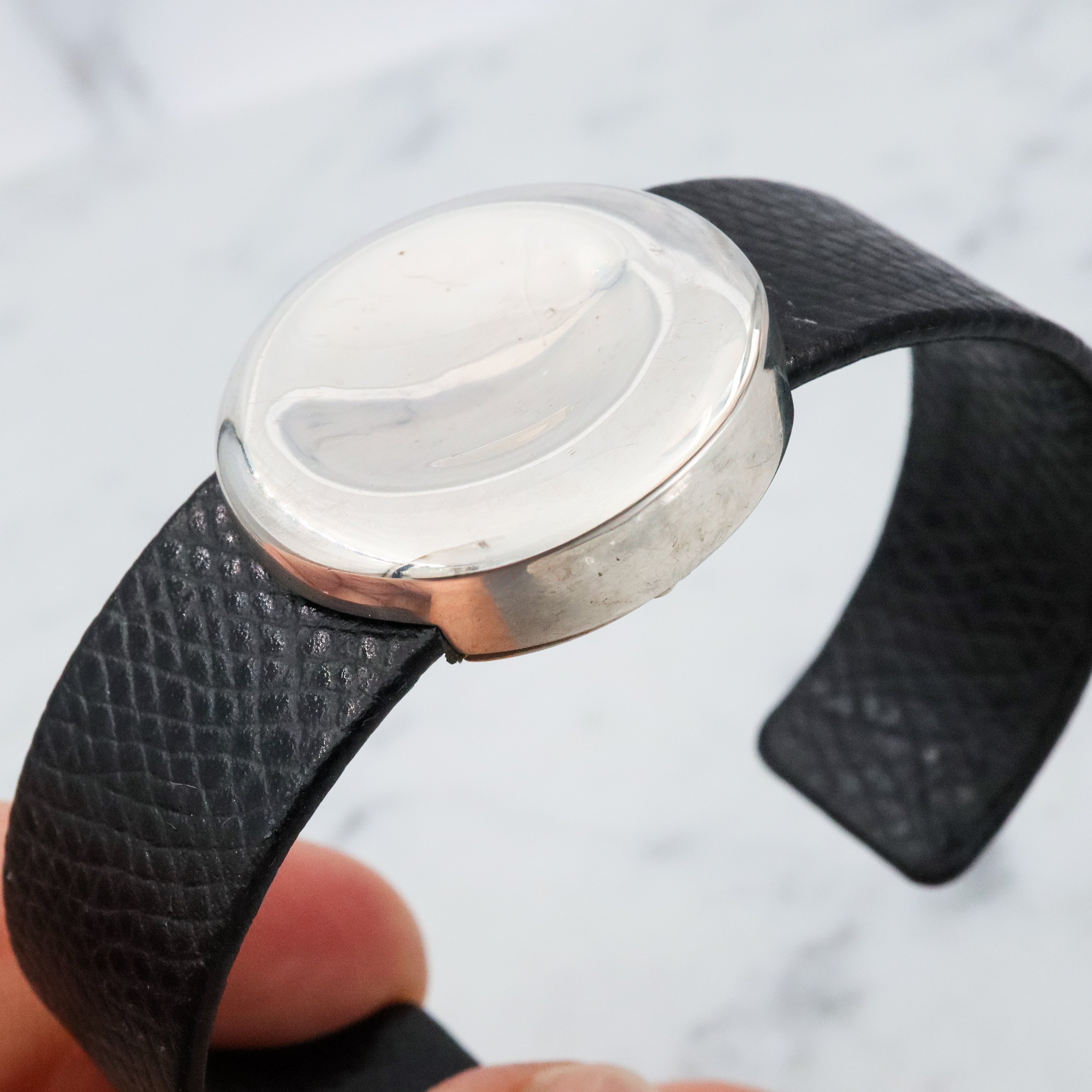 Retro Movado black leather & sterling button cuff bracelet