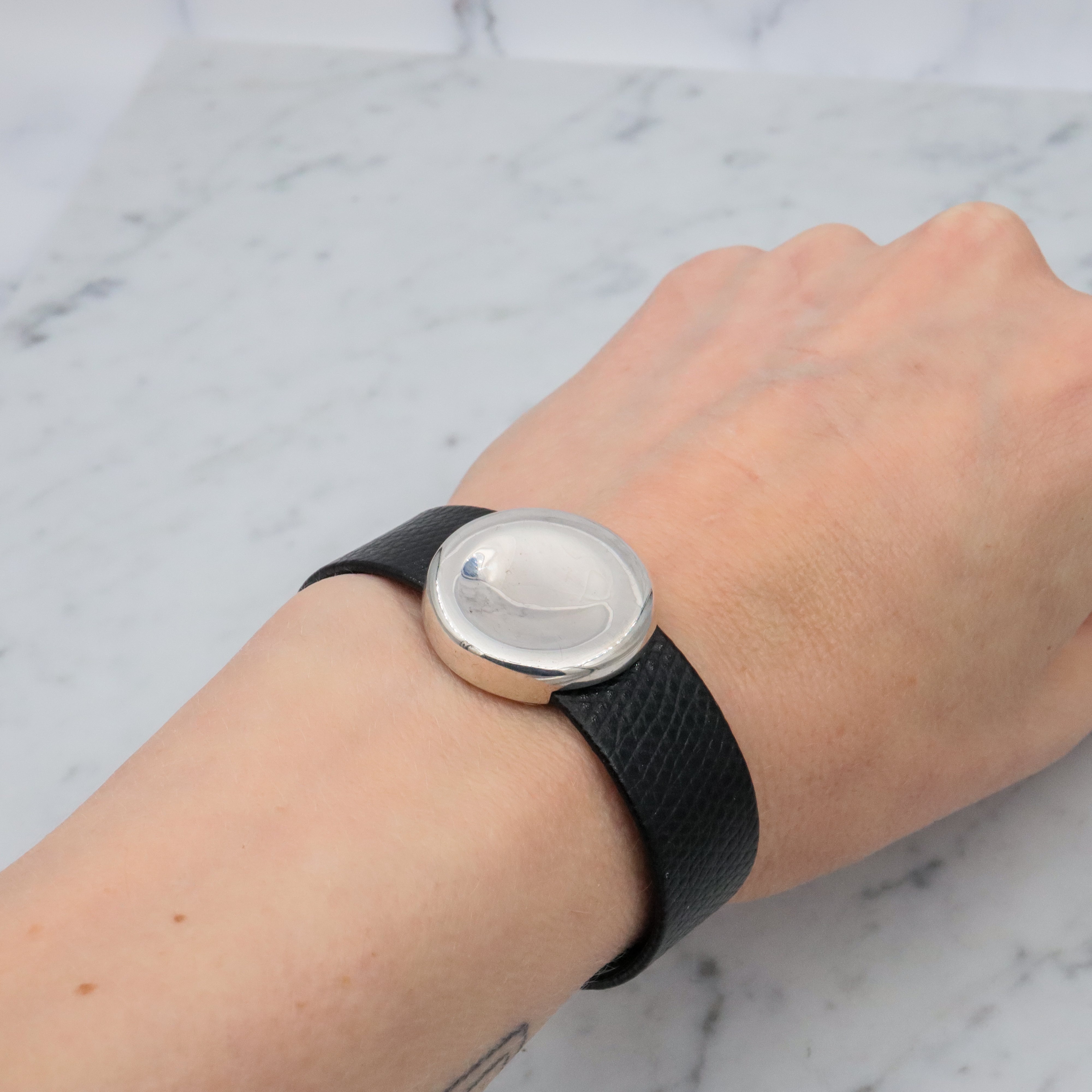 Retro Movado black leather & sterling button cuff bracelet