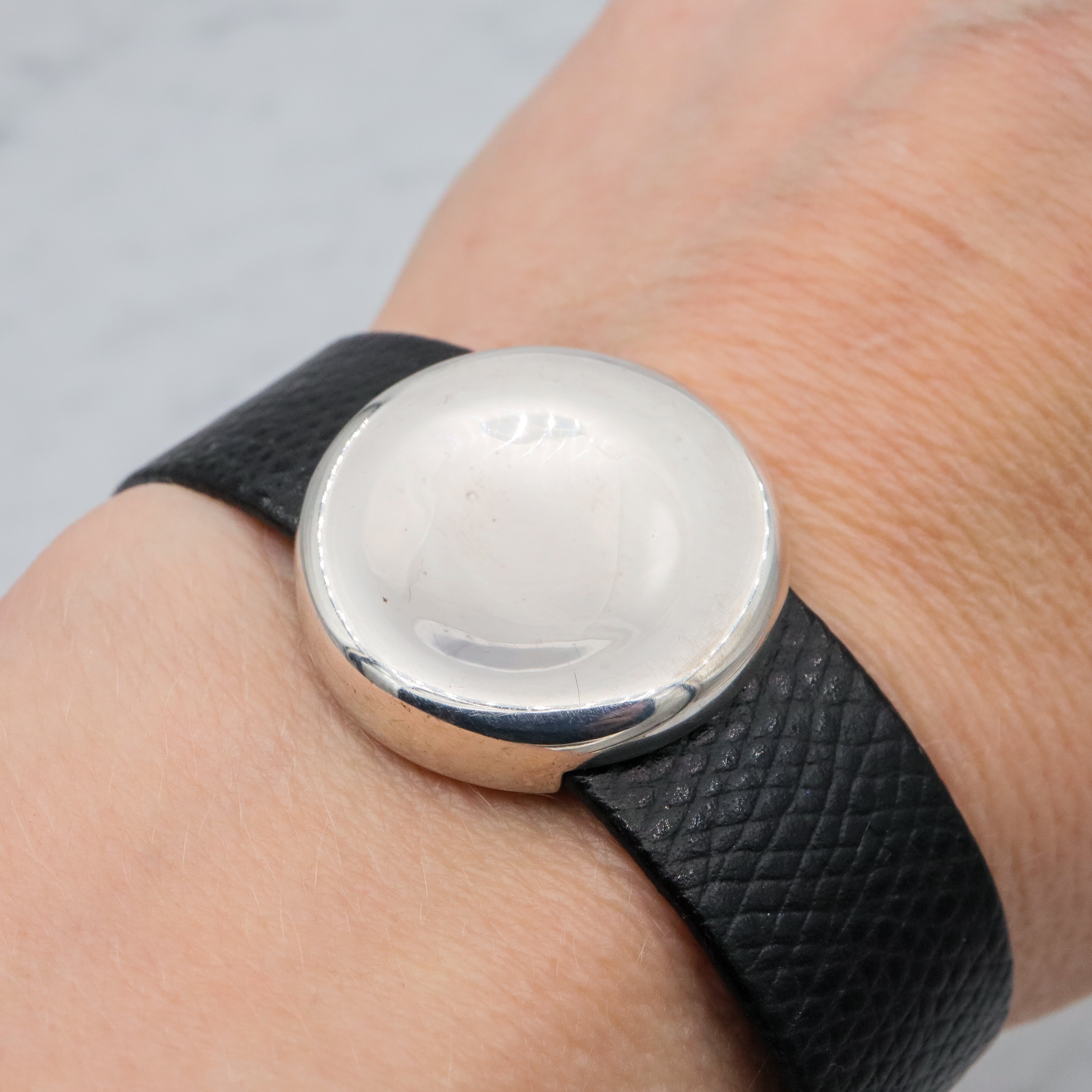 Retro Movado black leather & sterling button cuff bracelet