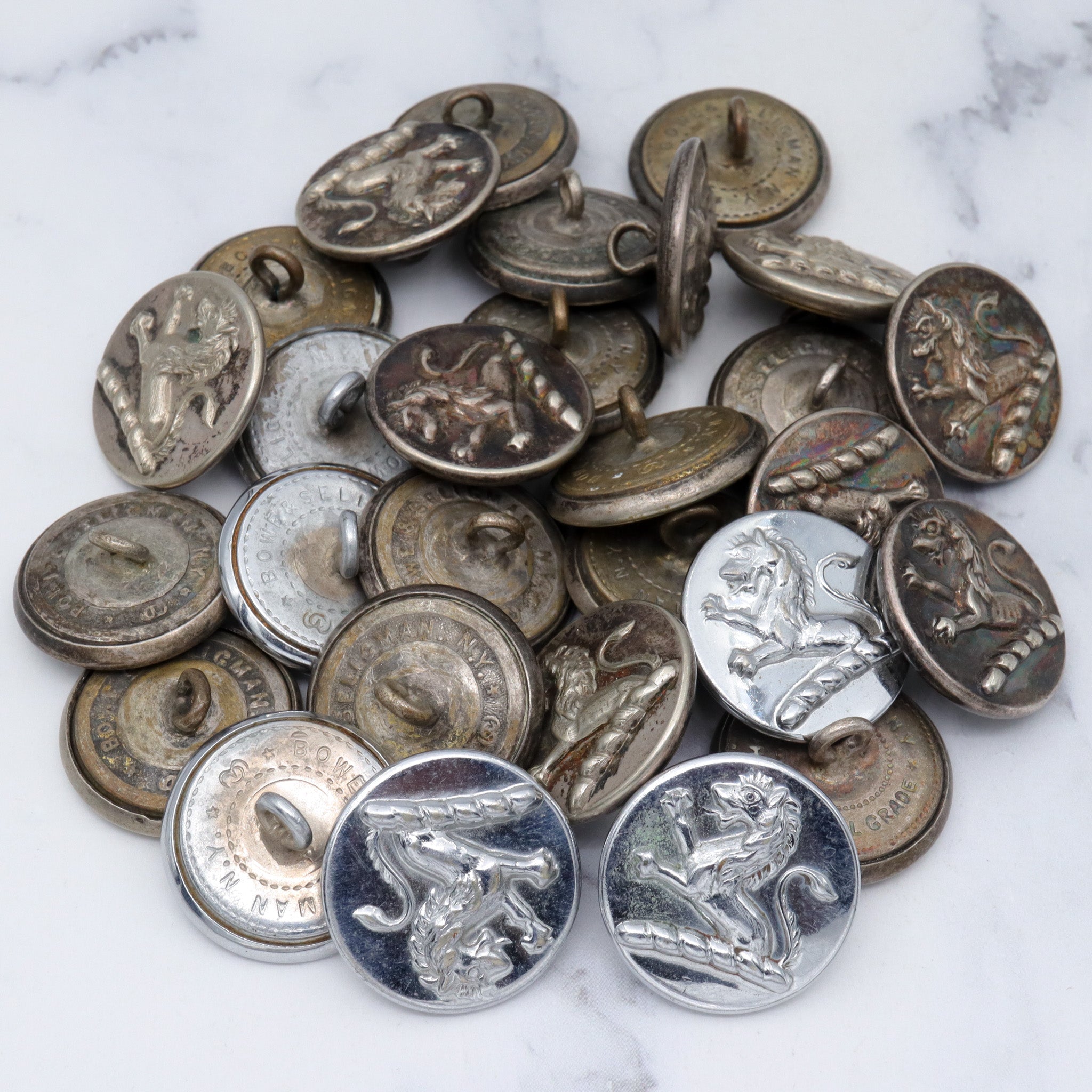 Large group of 28 Antique silver-plated brass livery buttons with rampant lion