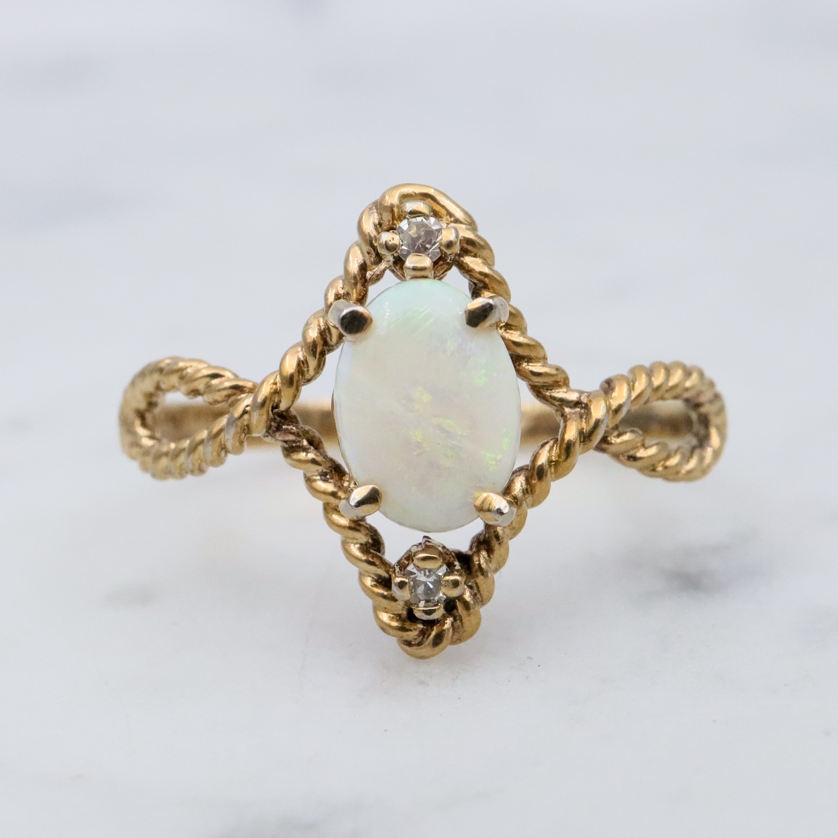 Retro gold plated sterling opal & diamond twisted ring, sz 8