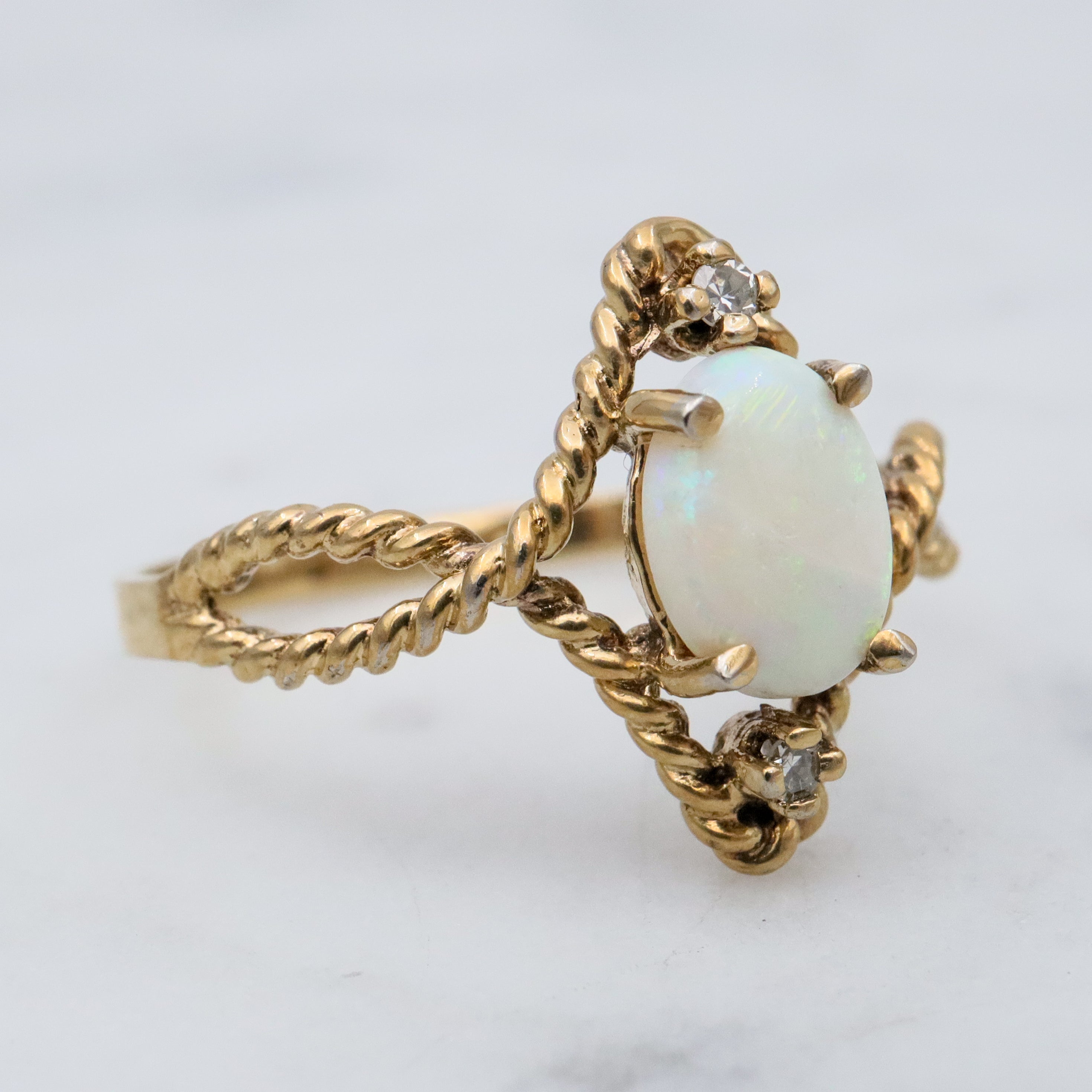 Retro gold plated sterling opal & diamond twisted ring, sz 8