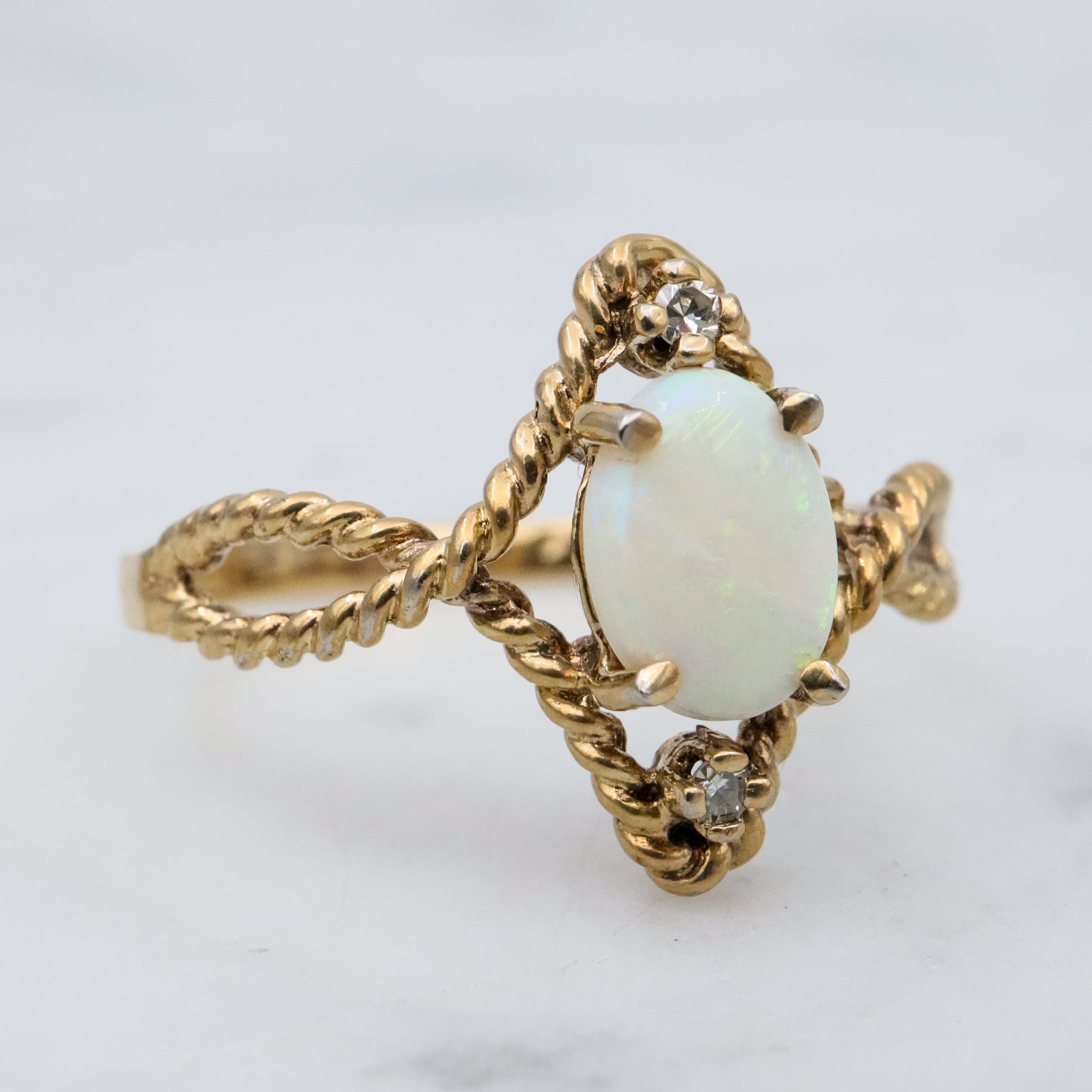 Retro gold plated sterling opal & diamond twisted ring, sz 8