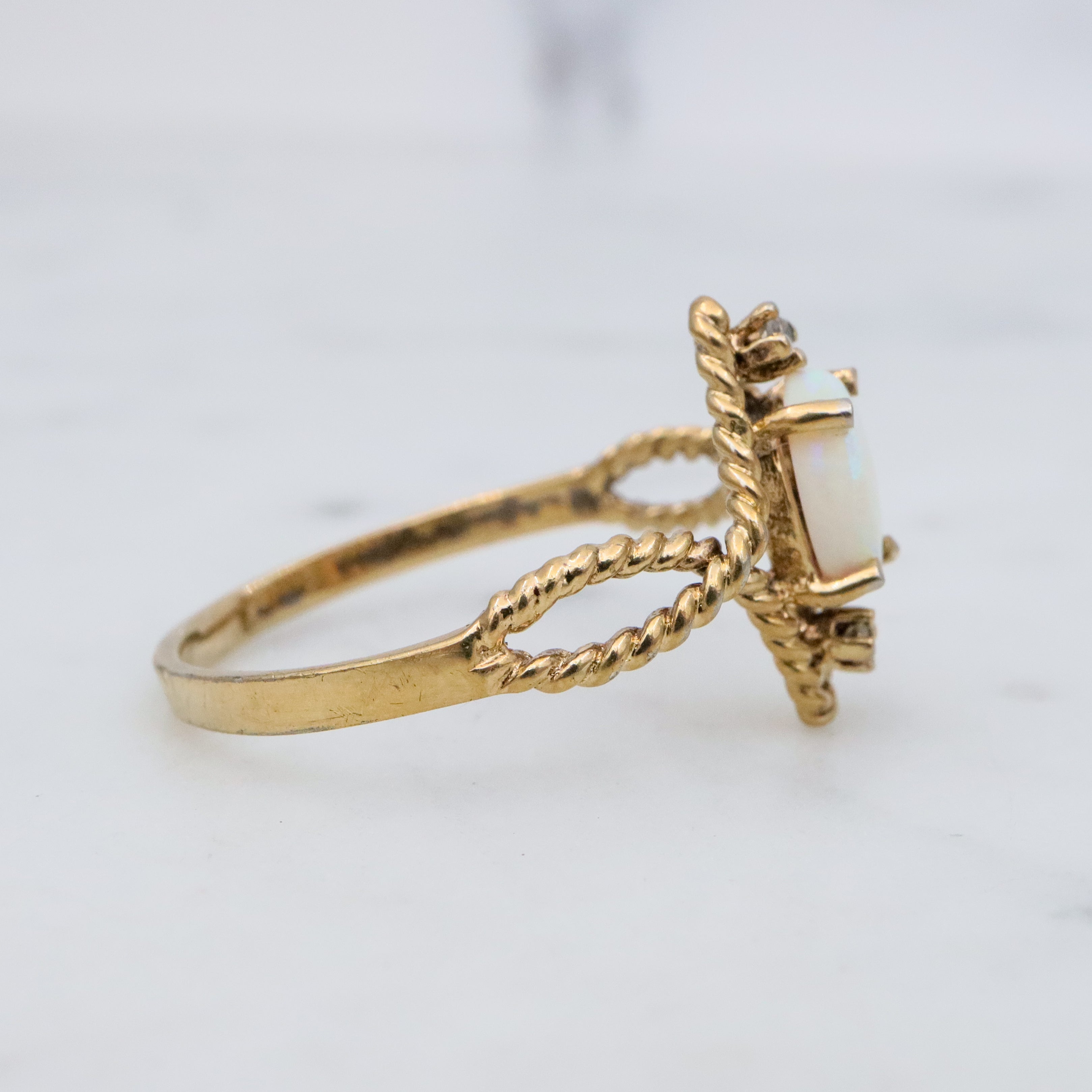 Retro gold plated sterling opal & diamond twisted ring, sz 8