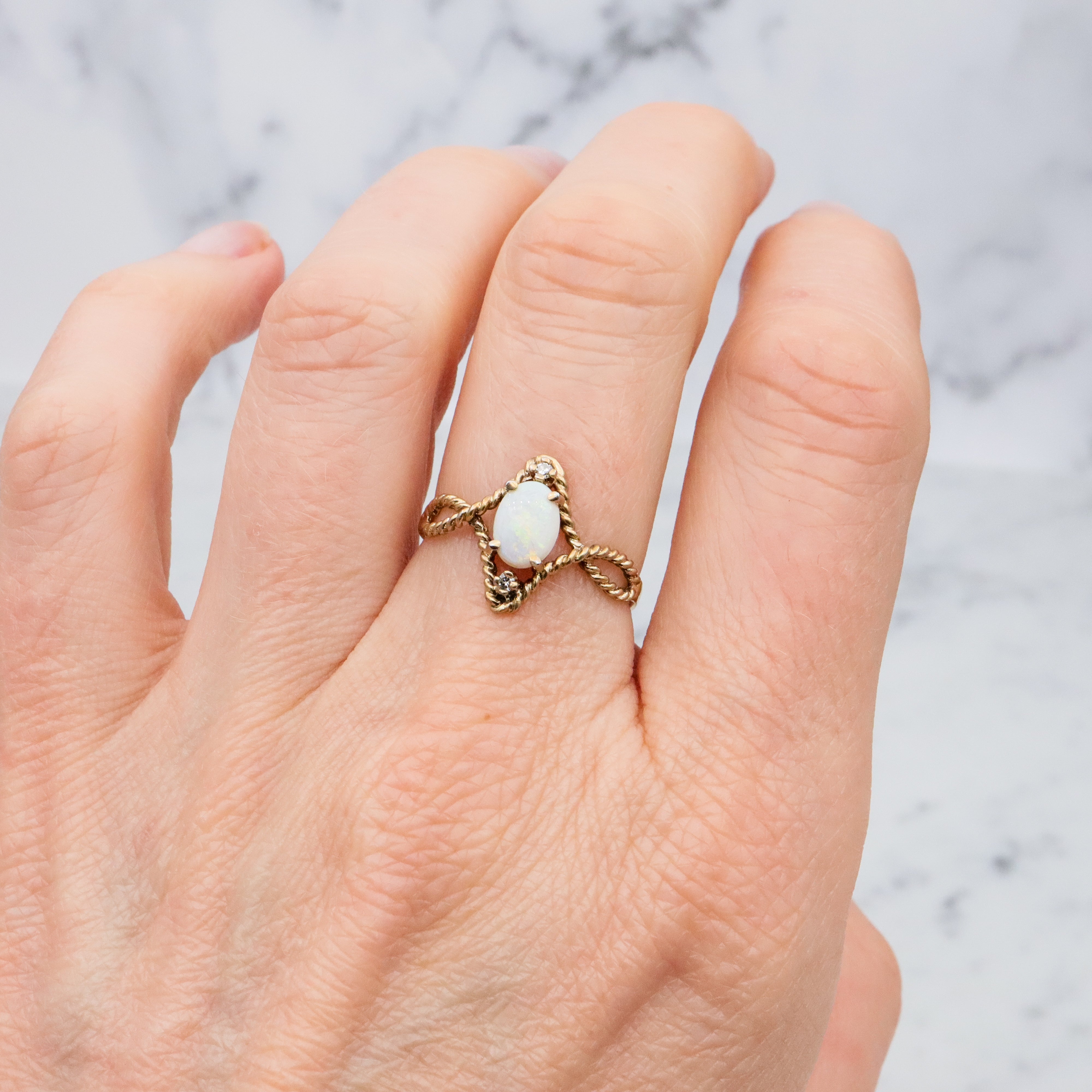 Retro gold plated sterling opal & diamond twisted ring, sz 8