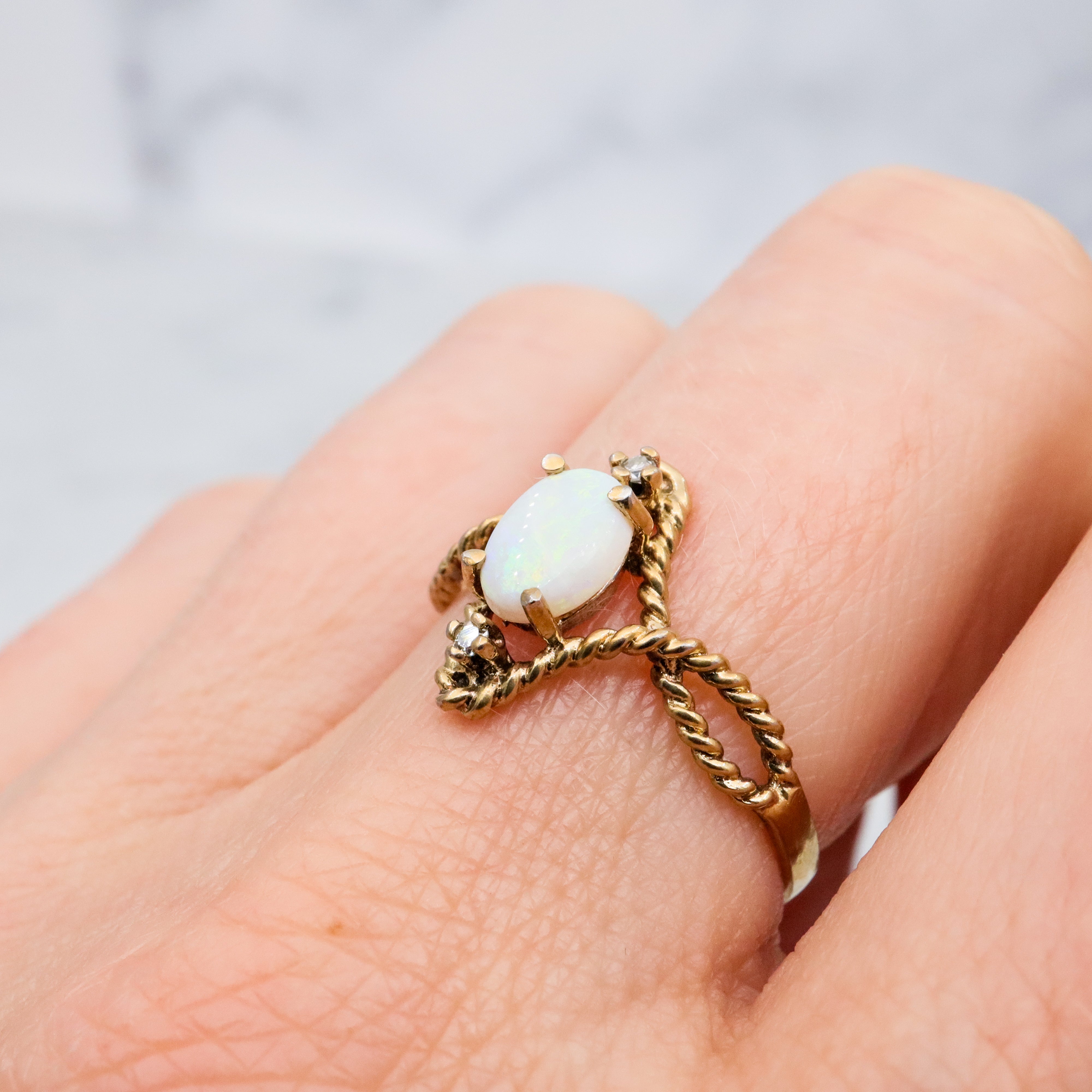 Retro gold plated sterling opal & diamond twisted ring, sz 8