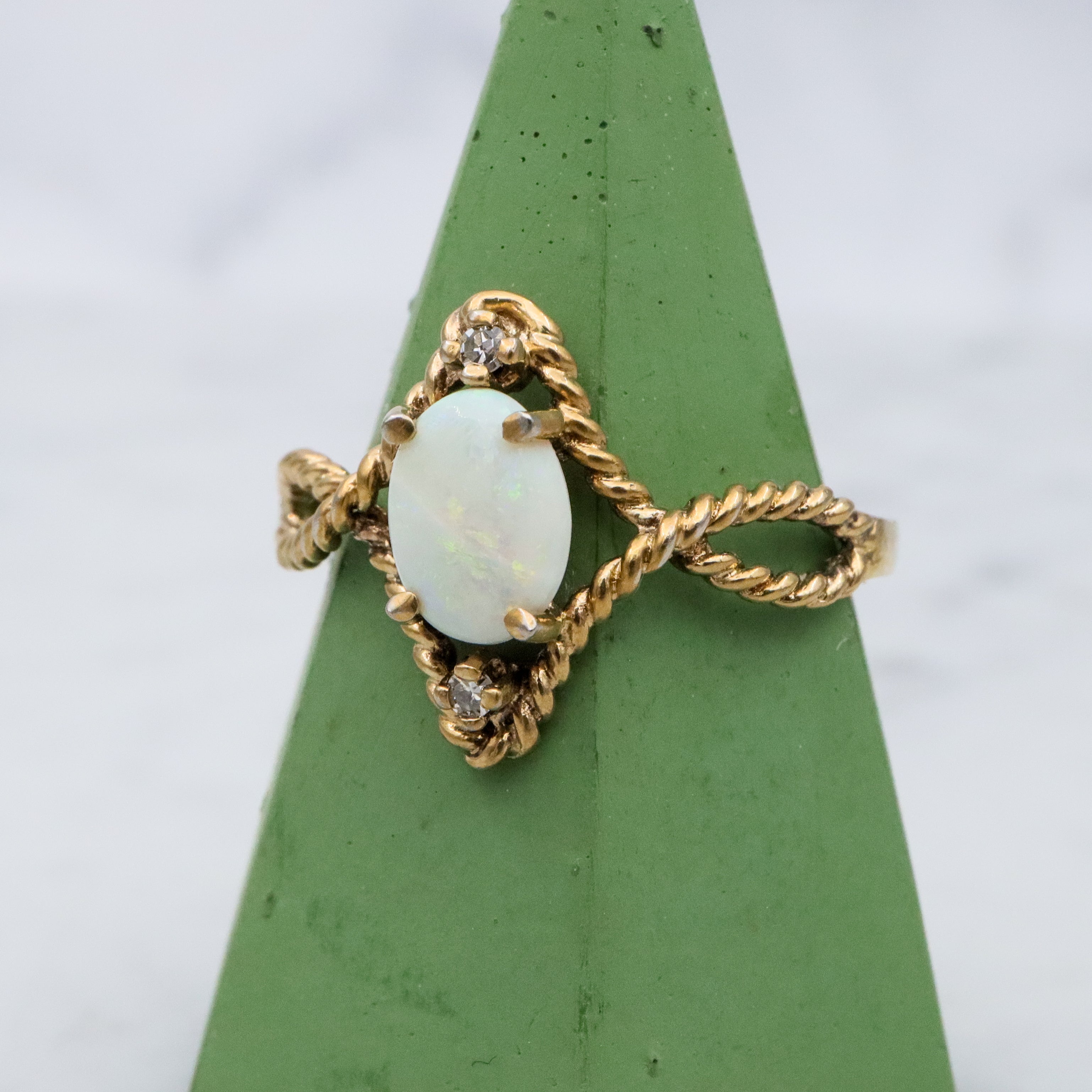Retro gold plated sterling opal & diamond twisted ring, sz 8