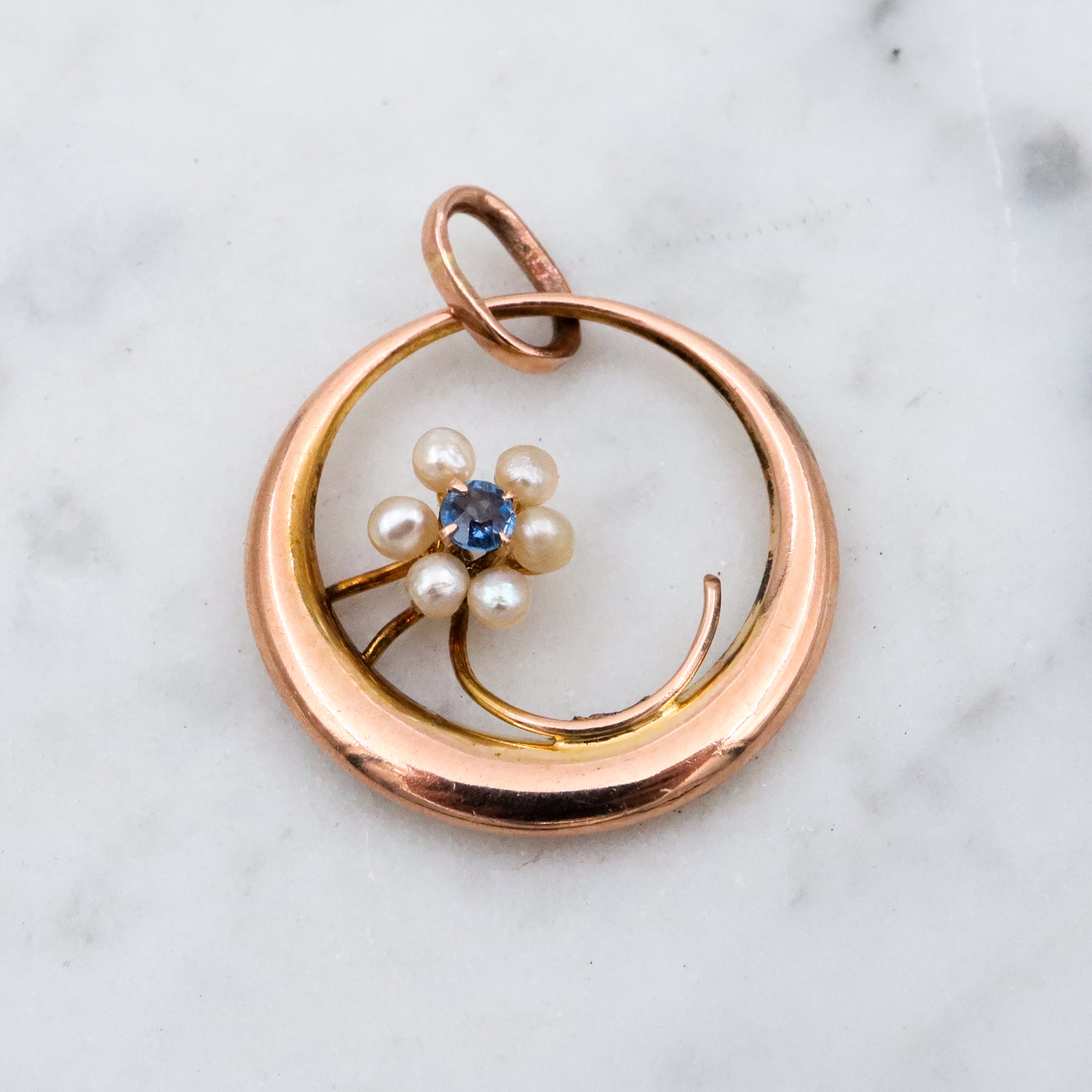 Antique Victorian 10k gold pearl & sapphire flower moon pendant