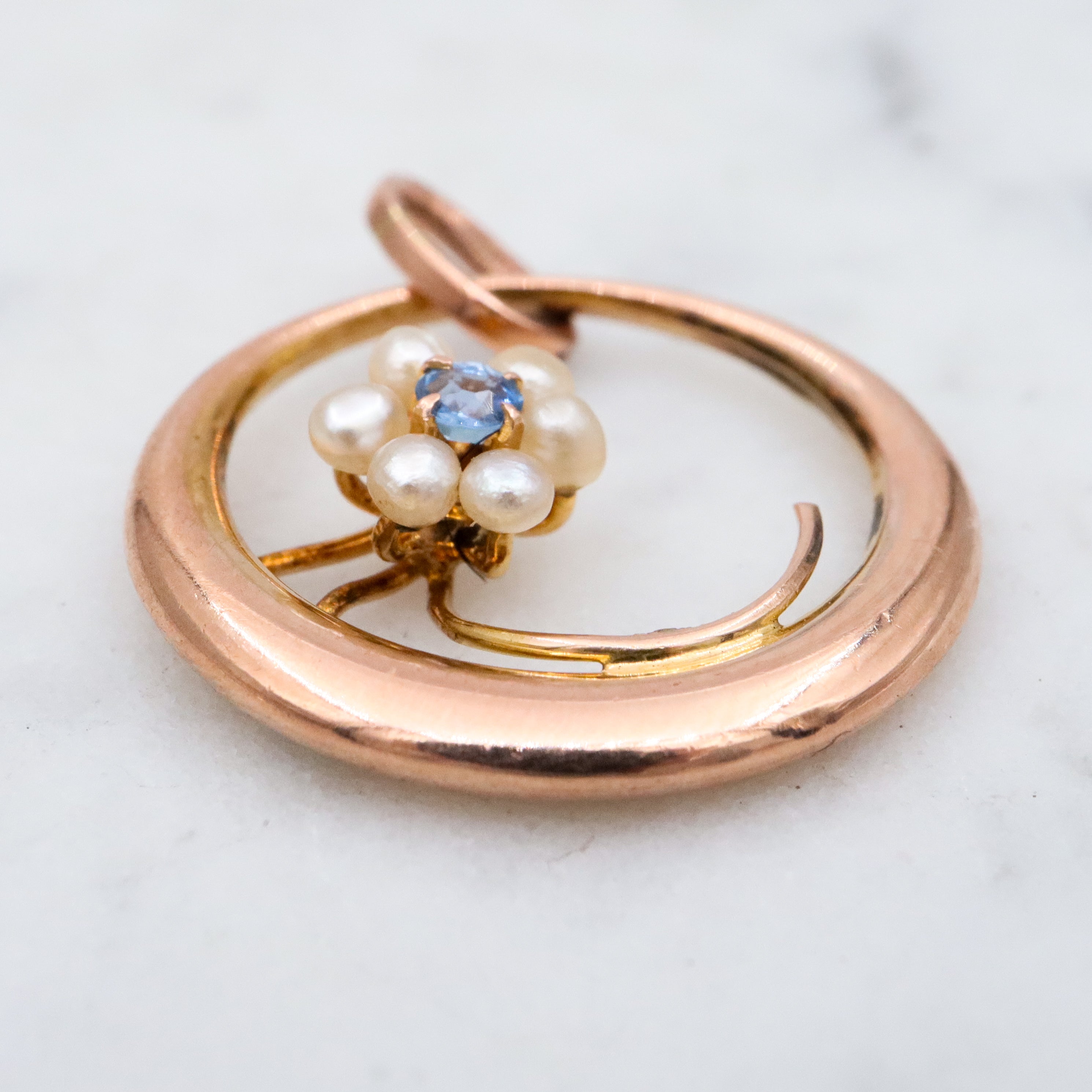 Antique Victorian 10k gold pearl & sapphire flower moon pendant