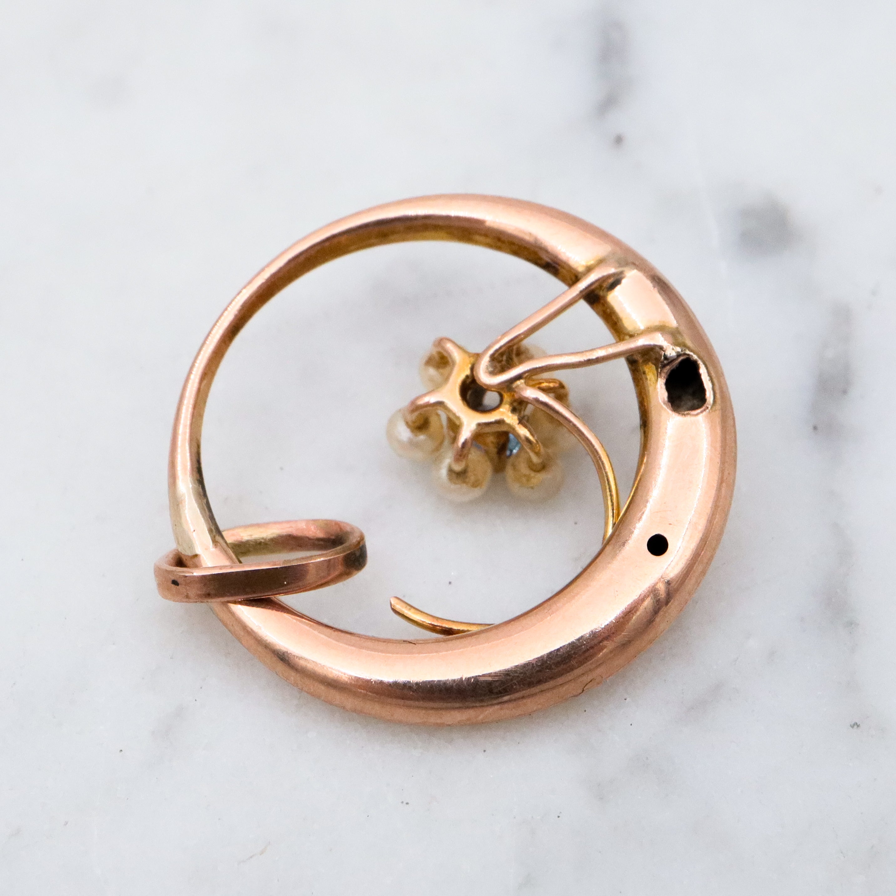 Antique Victorian 10k gold pearl & sapphire flower moon pendant