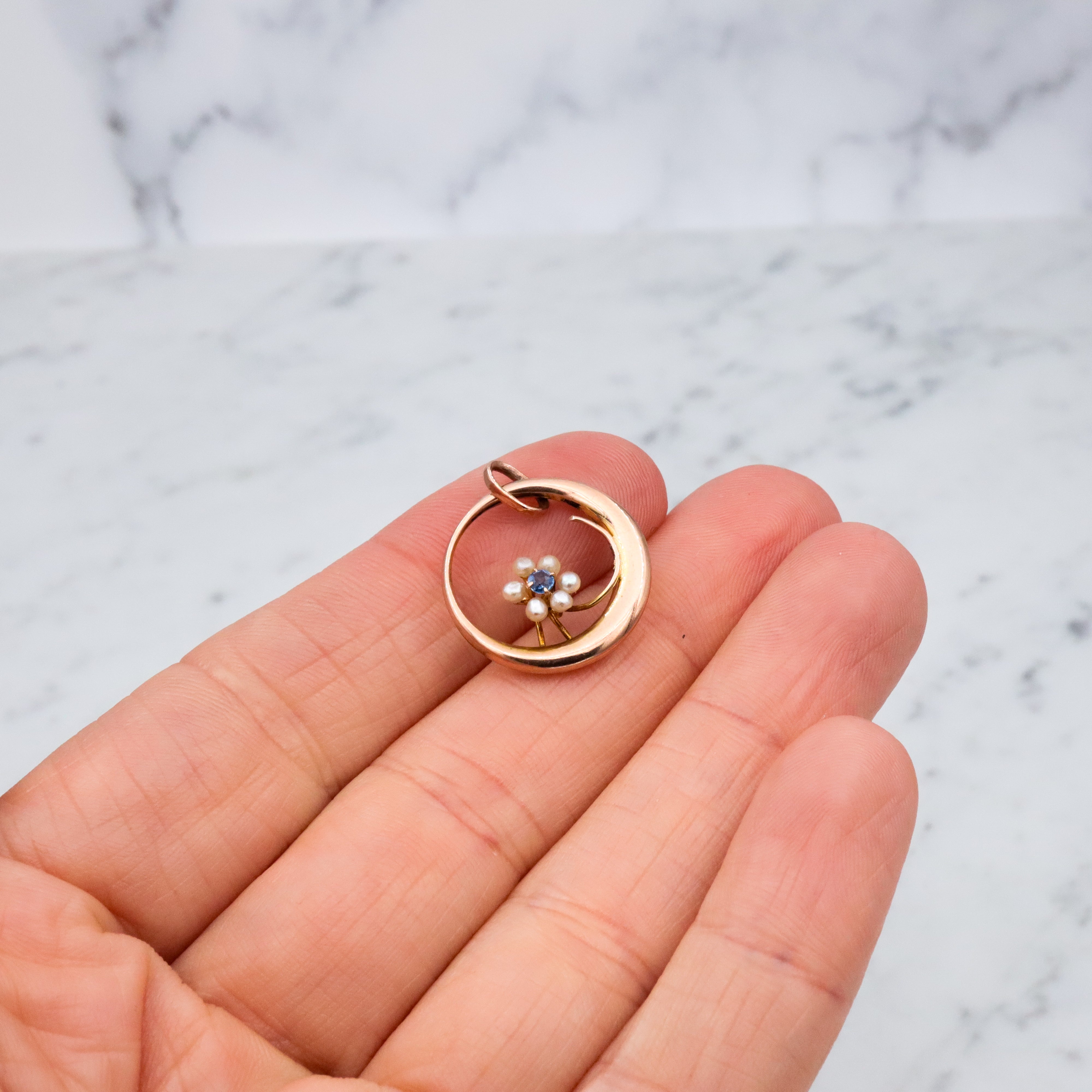 Antique Victorian 10k gold pearl & sapphire flower moon pendant