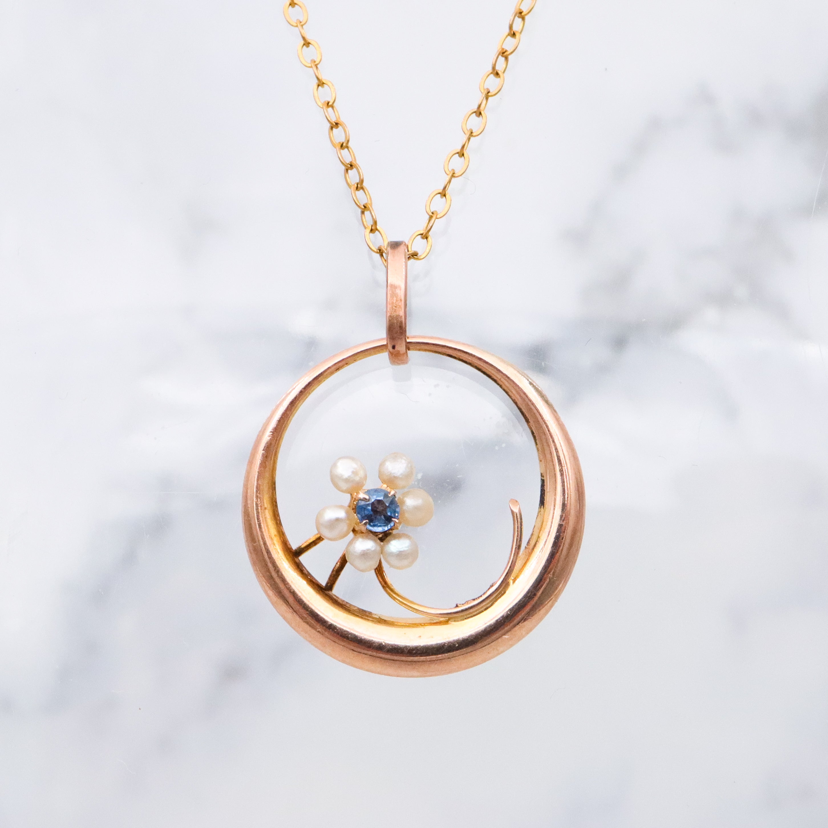 Antique Victorian 10k gold pearl & sapphire flower moon pendant