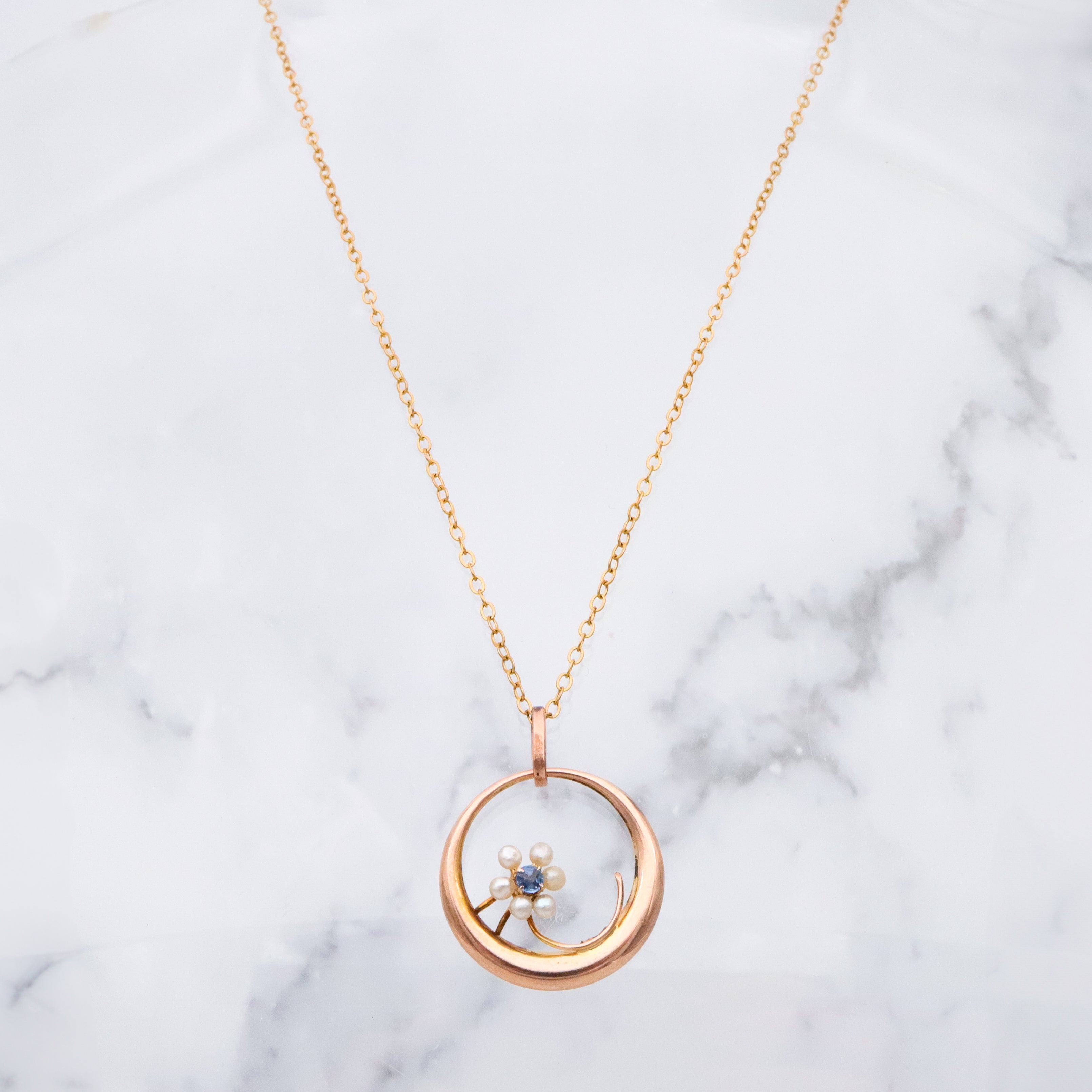 Antique Victorian 10k gold pearl & sapphire flower moon pendant