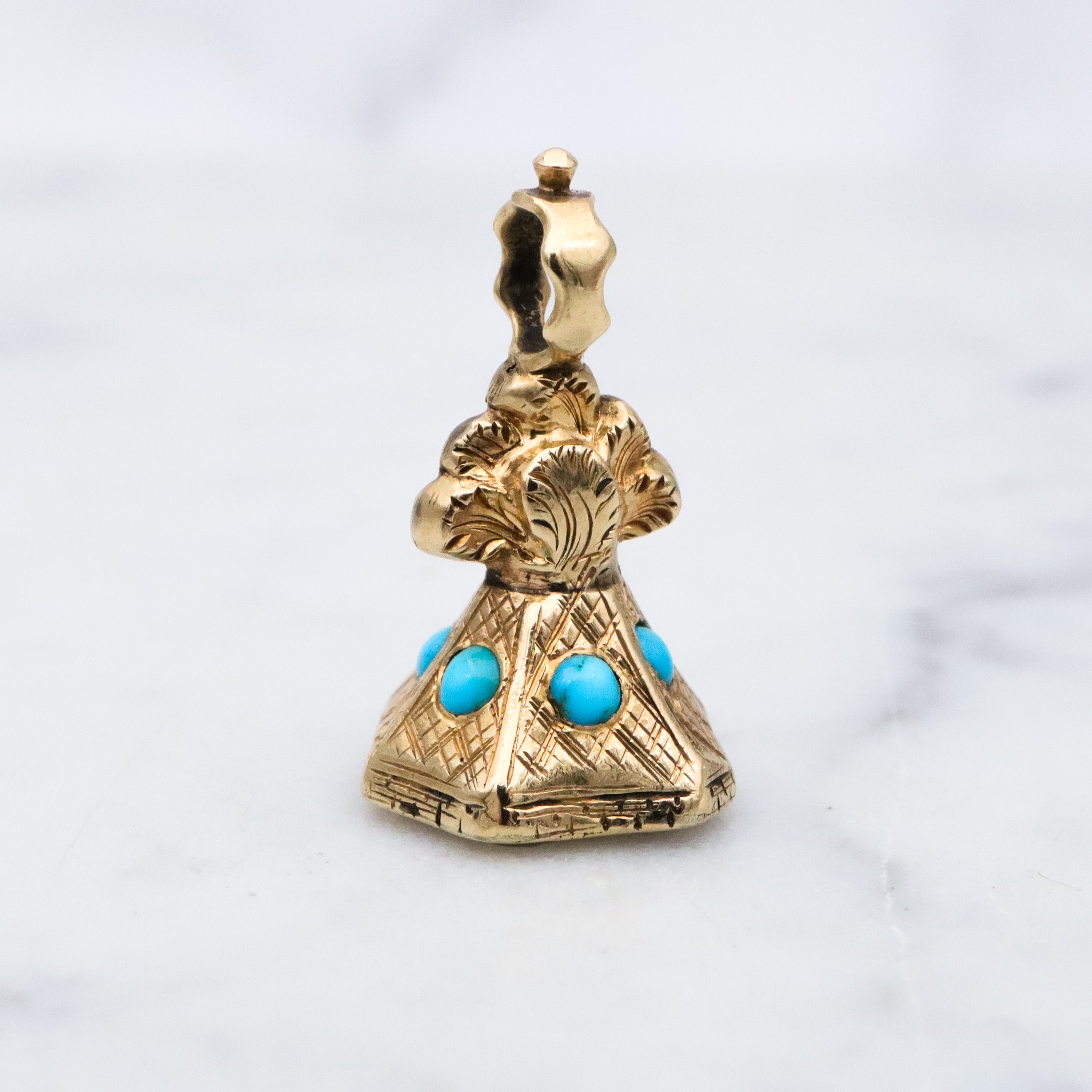 Antique Victorian 14k gold turquoise & milky agate seal fob pendant