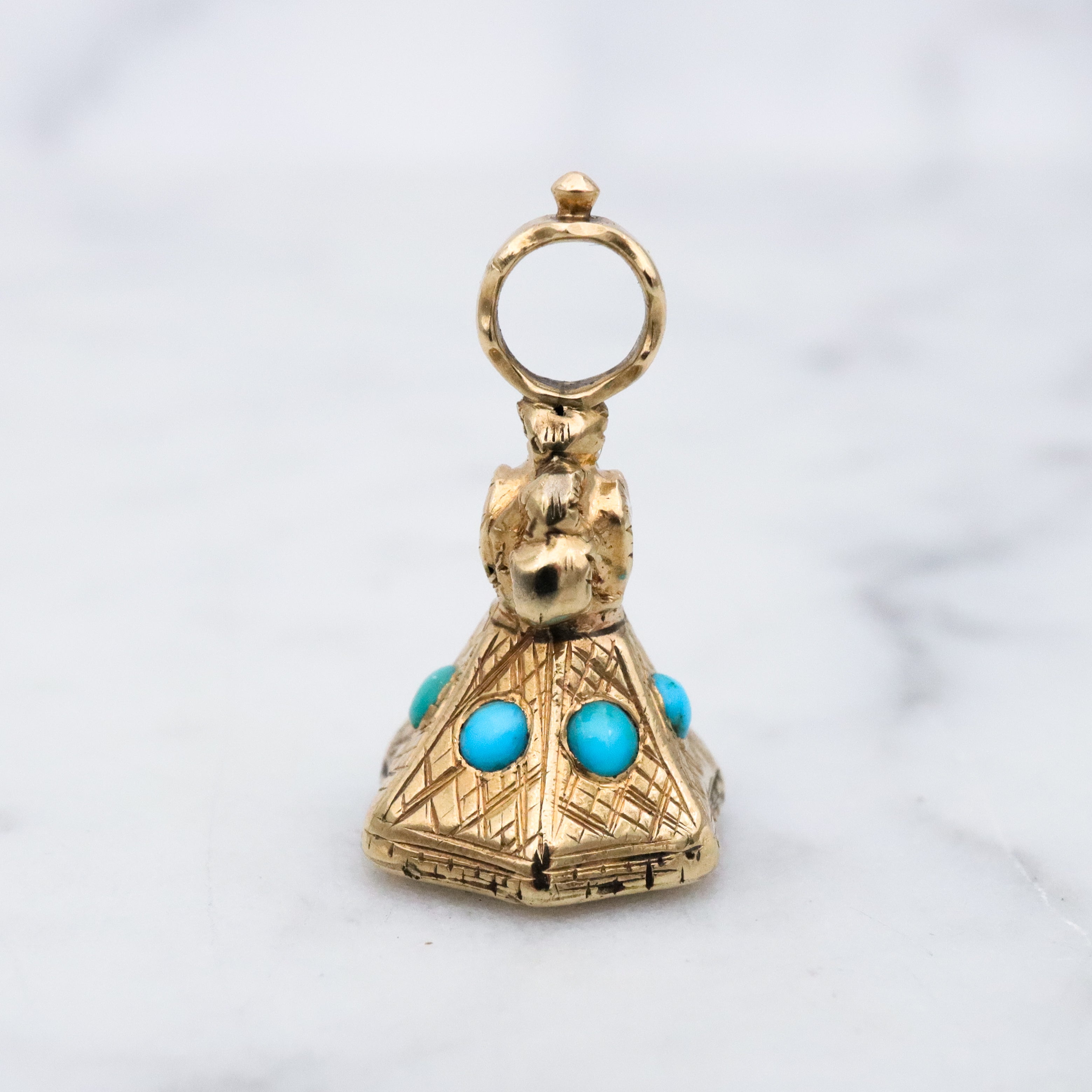 Antique Victorian 14k gold turquoise & milky agate seal fob pendant