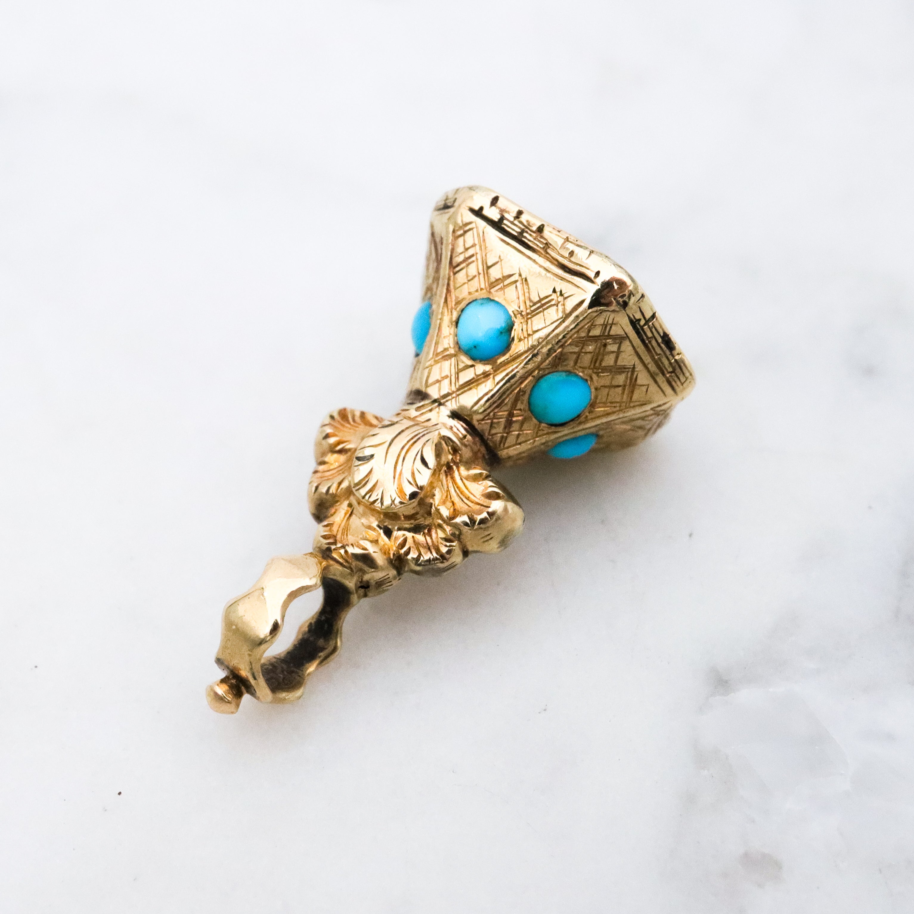 Antique Victorian 14k gold turquoise & milky agate seal fob pendant