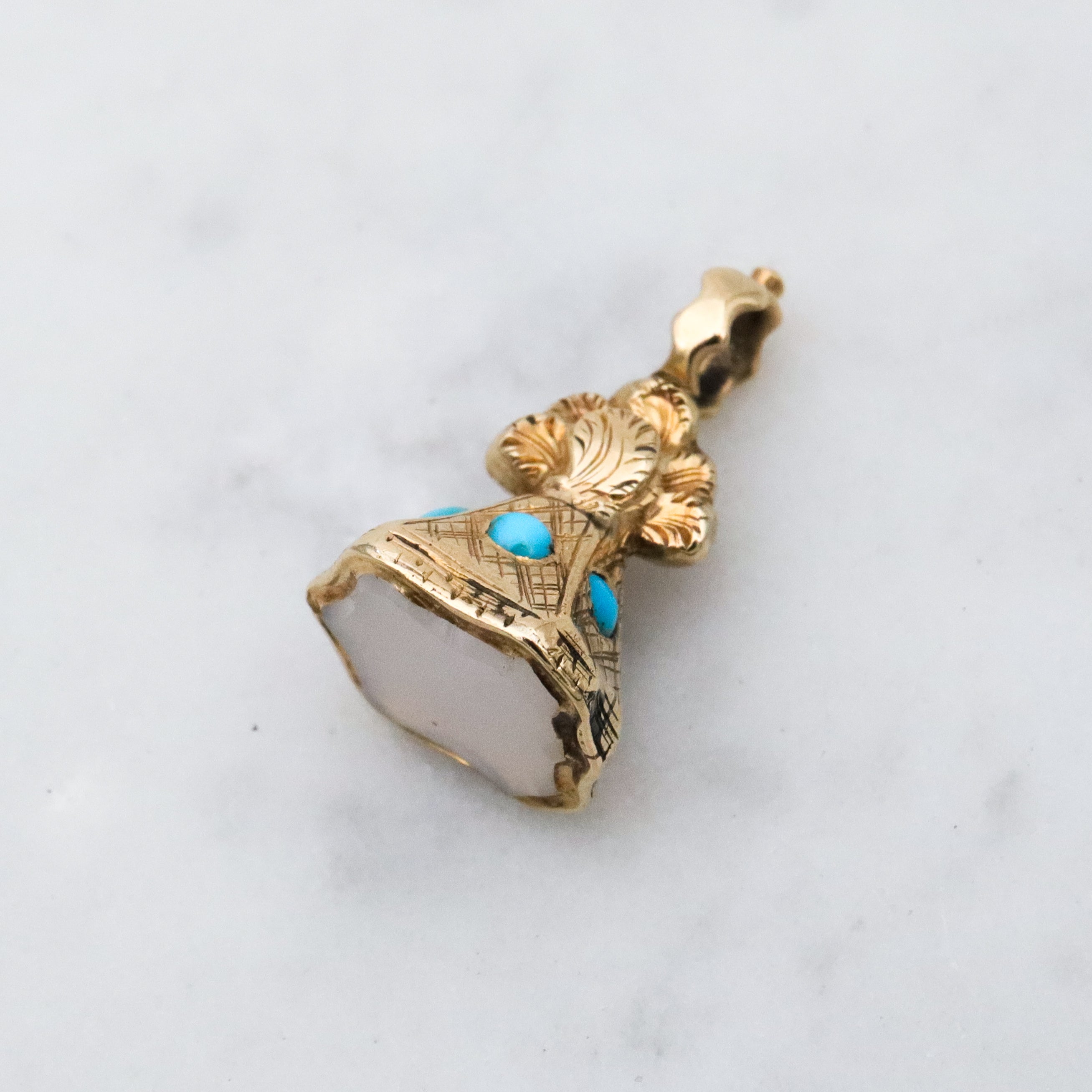 Antique Victorian 14k gold turquoise & milky agate seal fob pendant