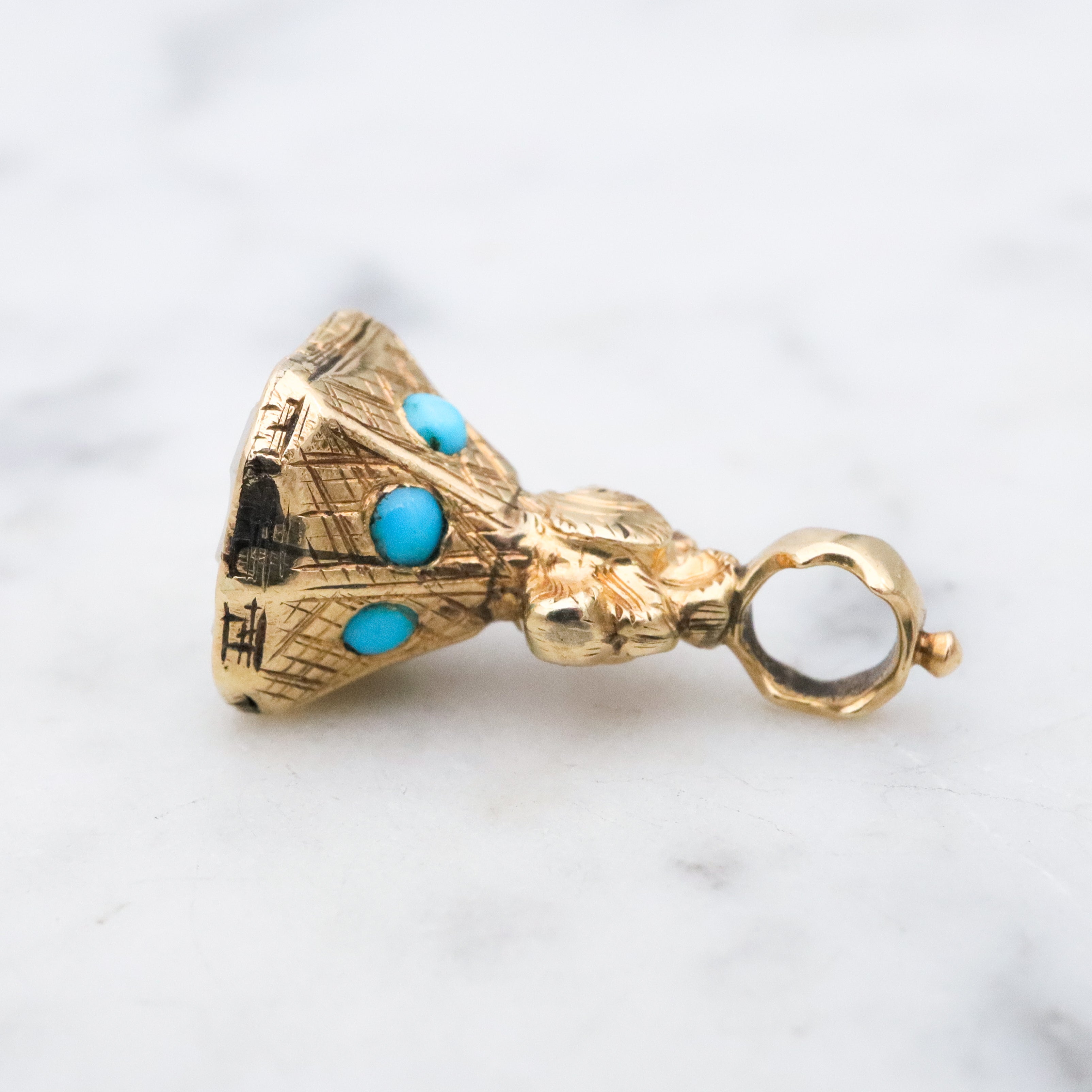 Antique Victorian 14k gold turquoise & milky agate seal fob pendant