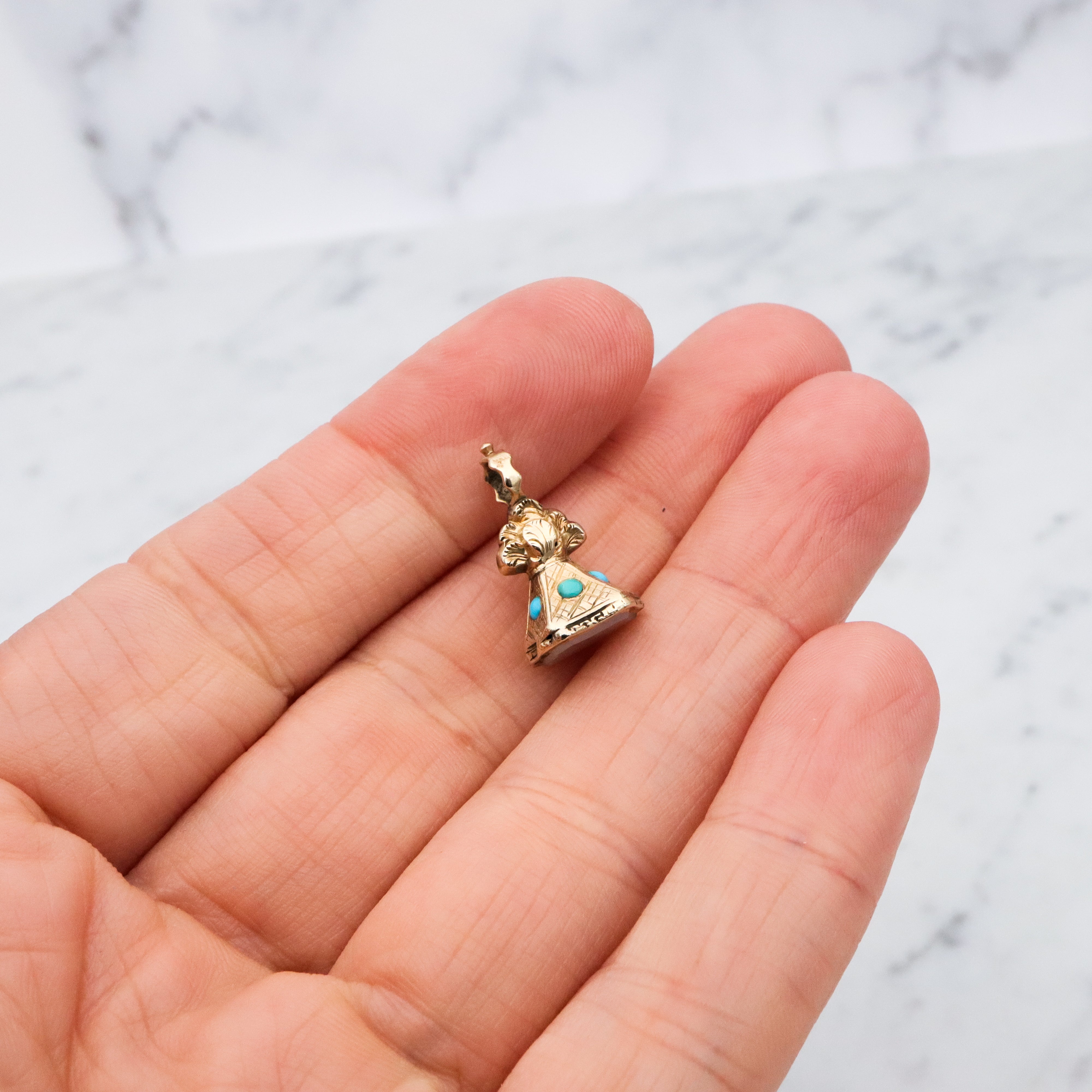 Antique Victorian 14k gold turquoise & milky agate seal fob pendant