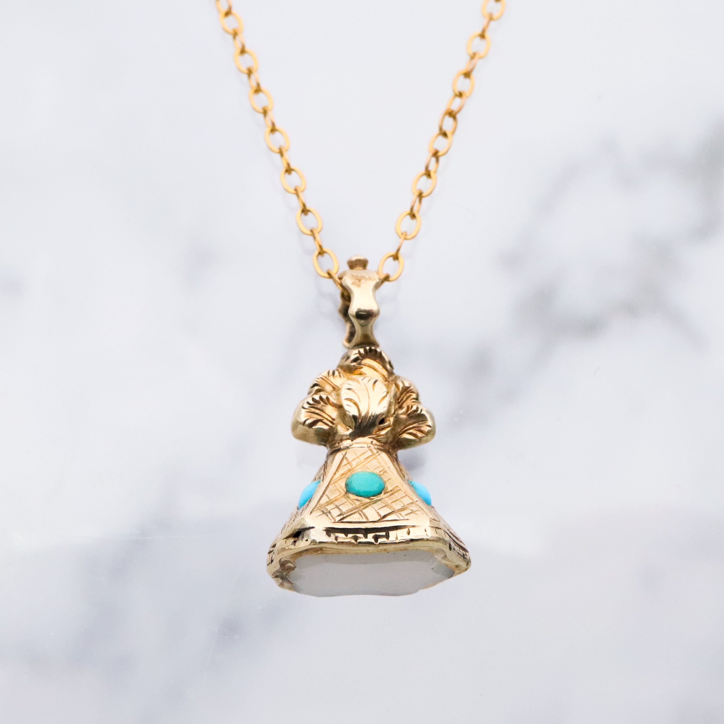 Antique Victorian 14k gold turquoise & milky agate seal fob pendant