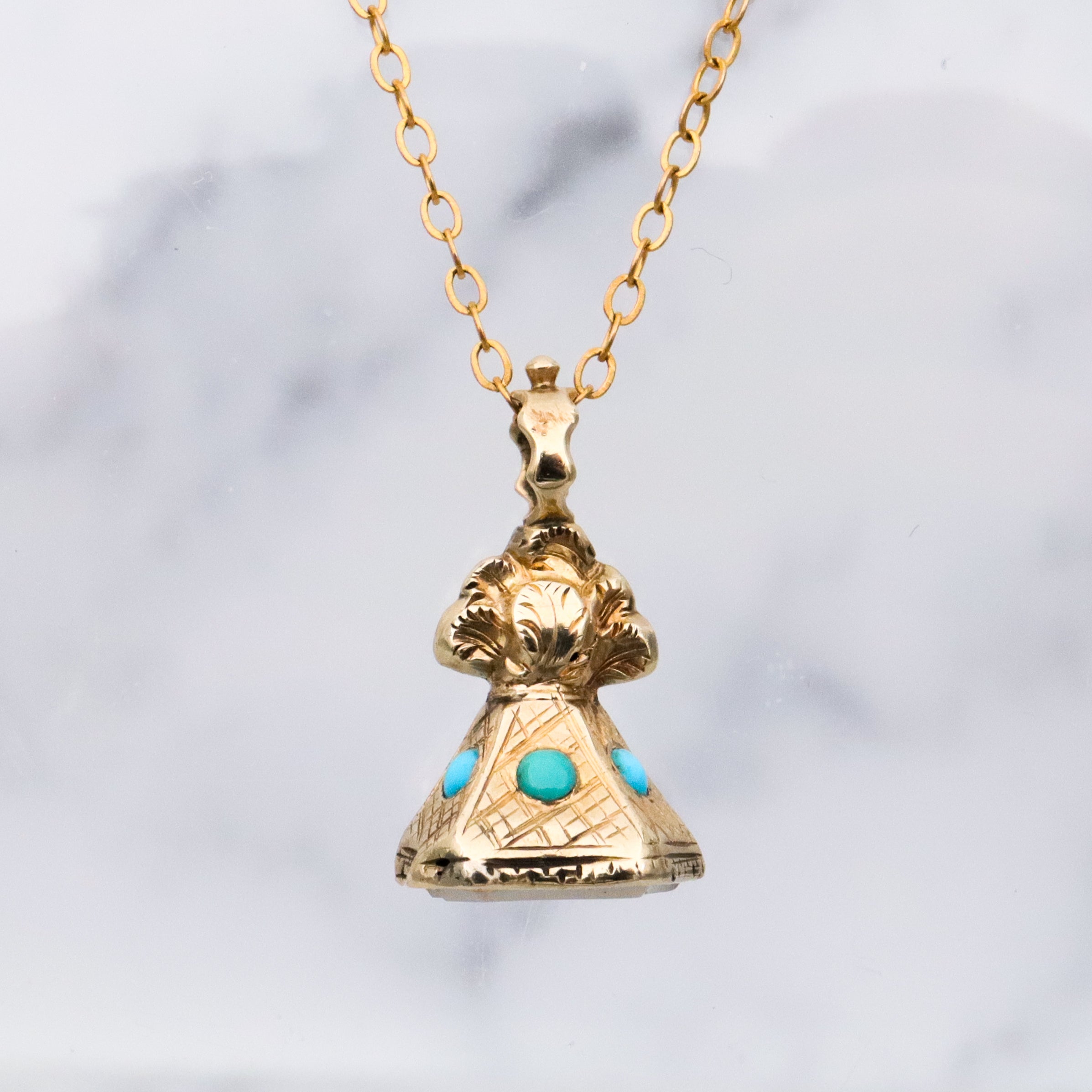 Antique Victorian 14k gold turquoise & milky agate seal fob pendant