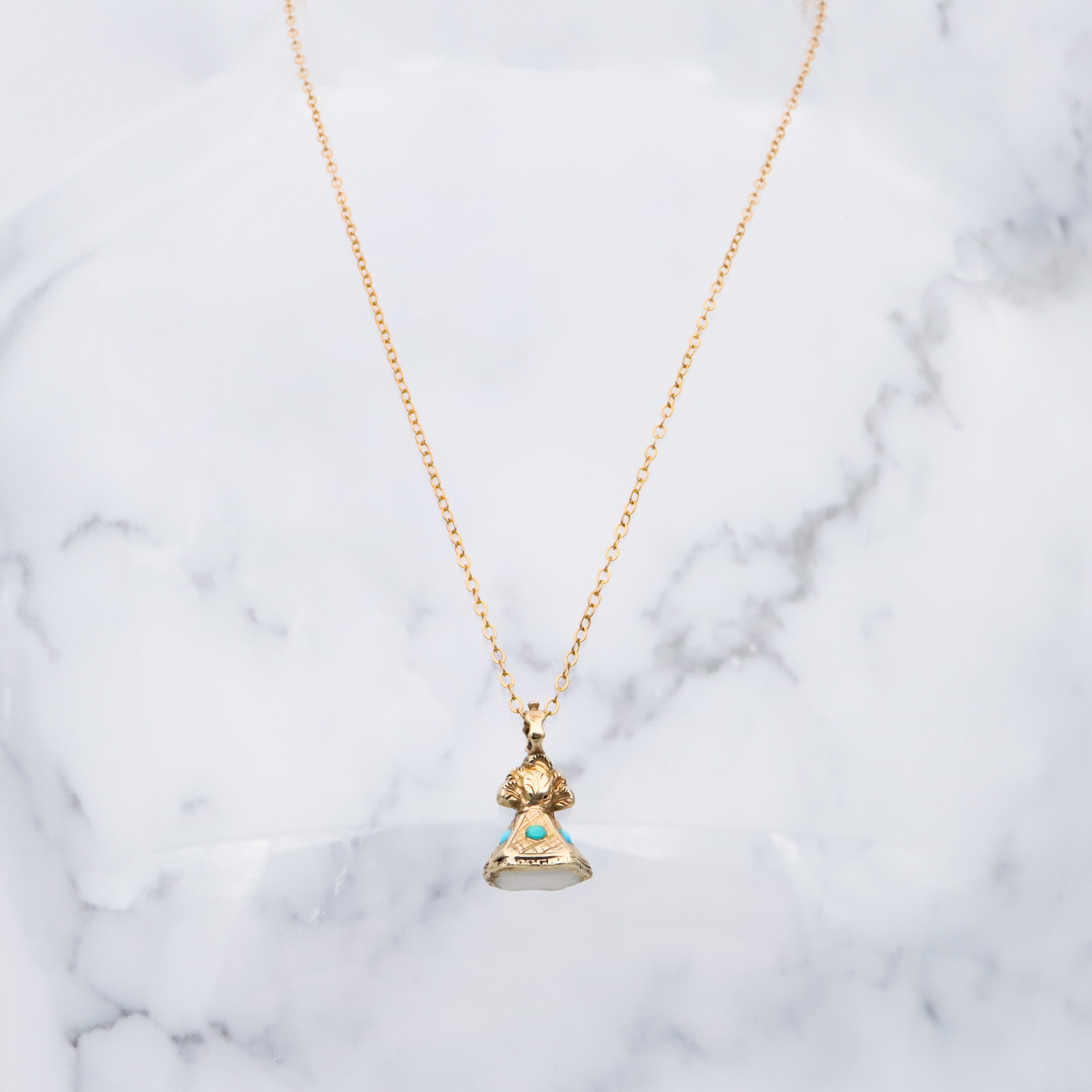 Antique Victorian 14k gold turquoise & milky agate seal fob pendant