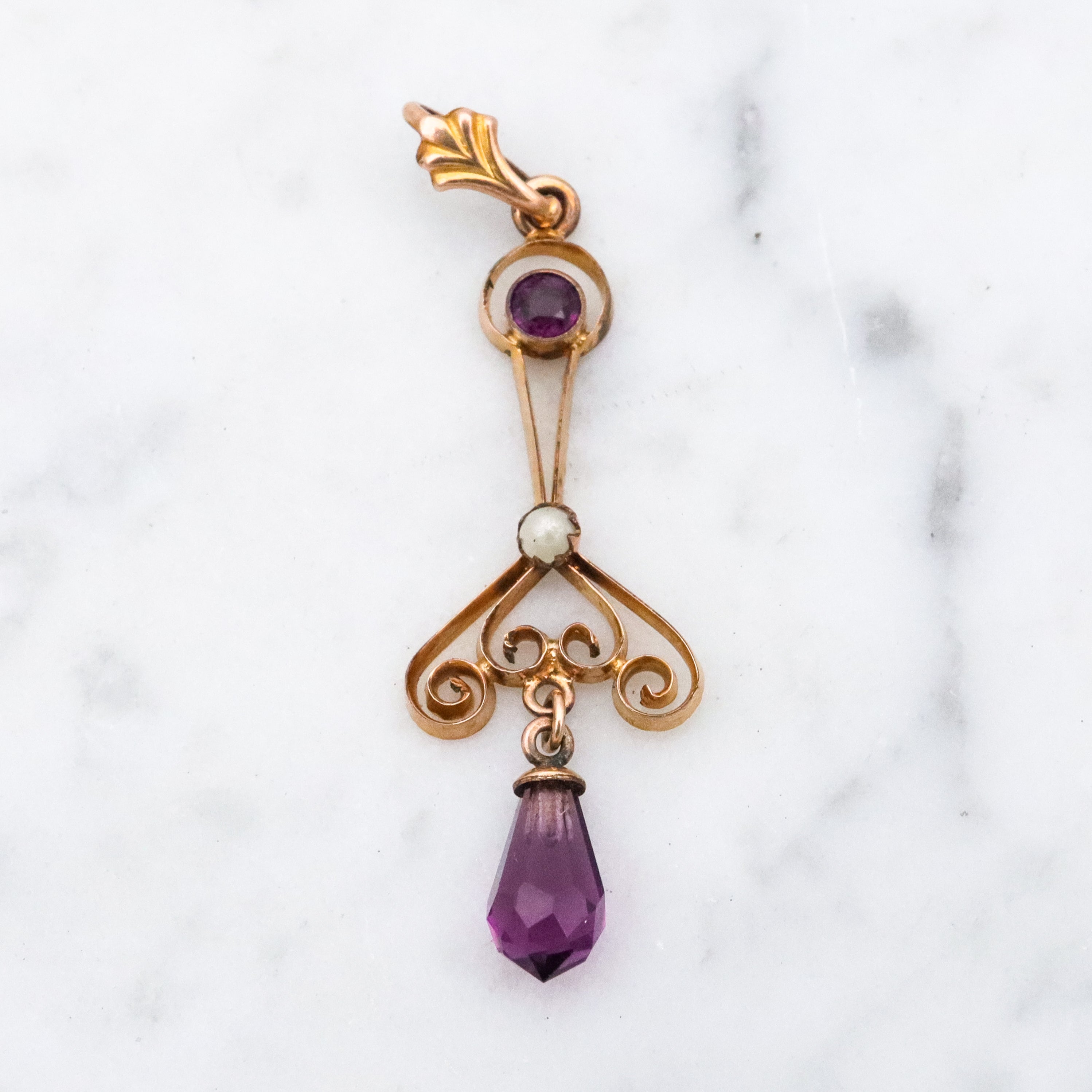Antique Victorian faux amethyst & pearl gilt metal drop pendant