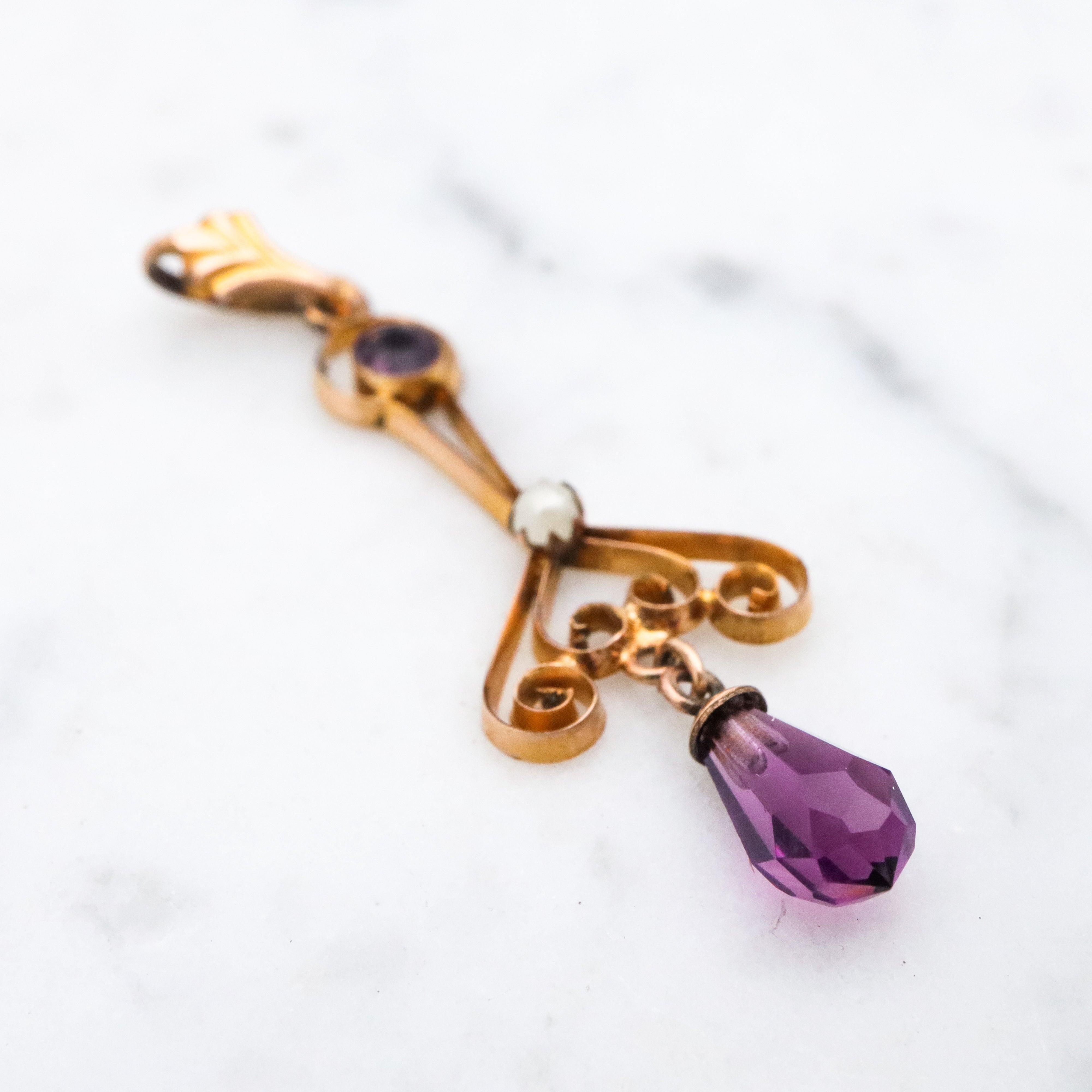 Antique Victorian faux amethyst & pearl gilt metal drop pendant