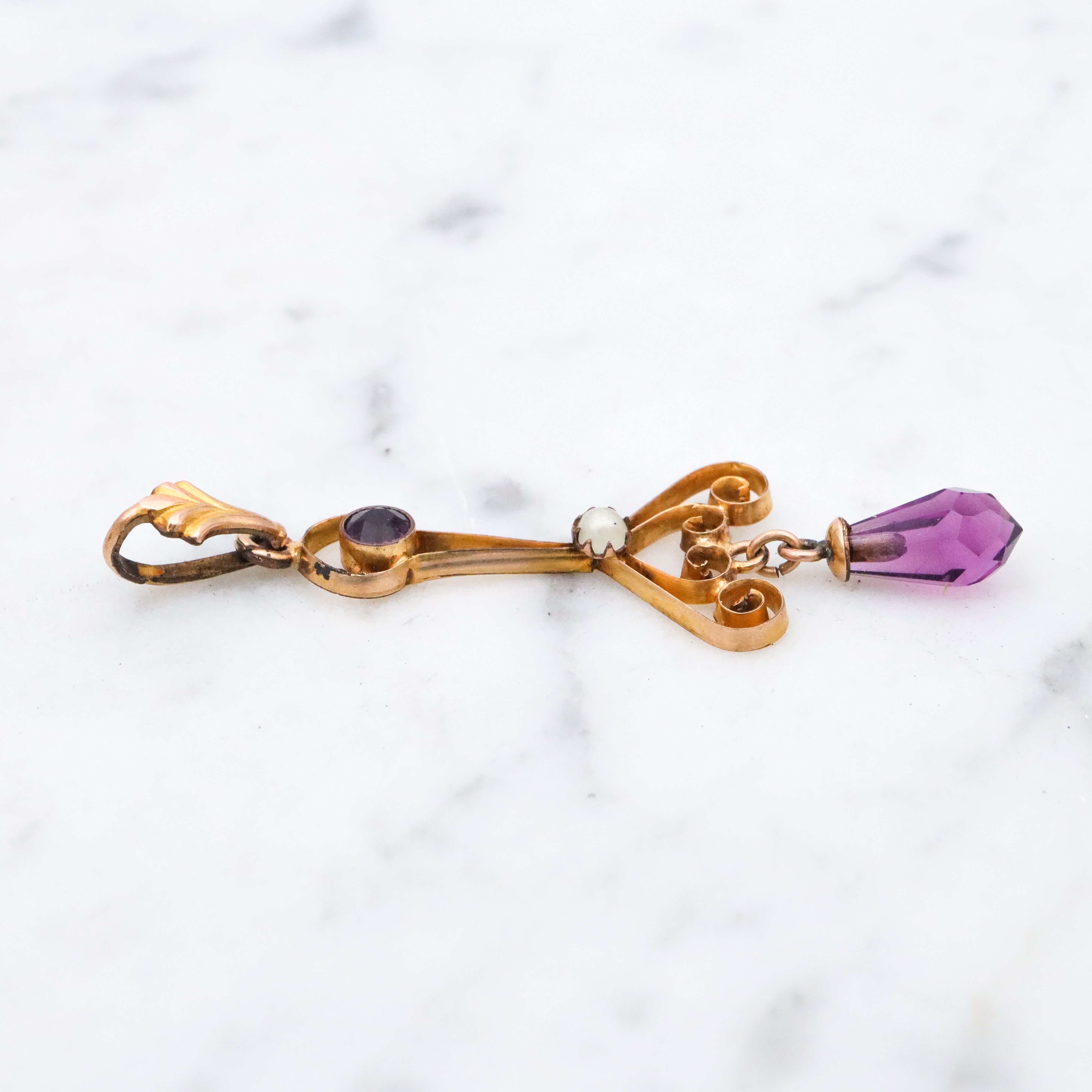 Antique Victorian faux amethyst & pearl gilt metal drop pendant