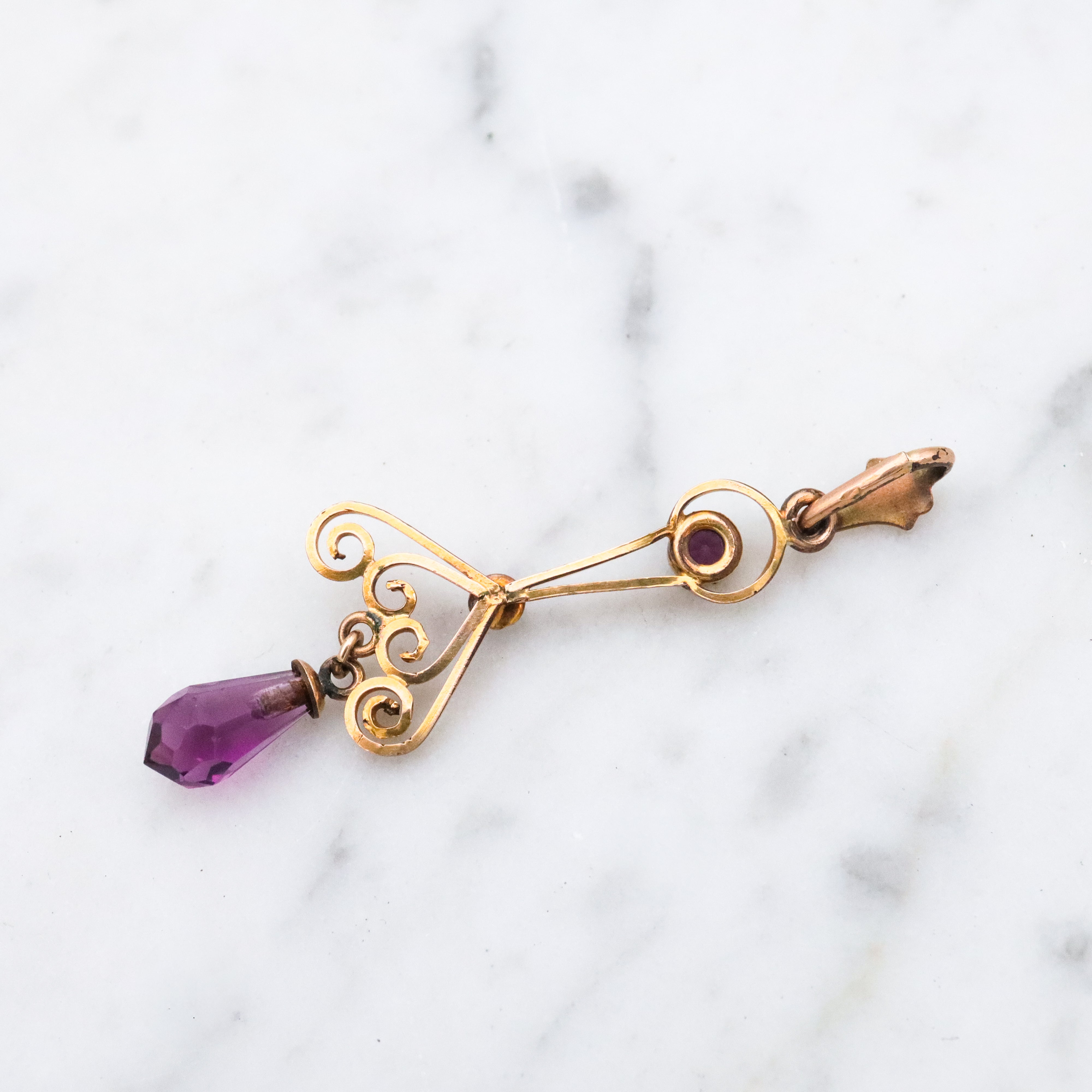 Antique Victorian faux amethyst & pearl gilt metal drop pendant