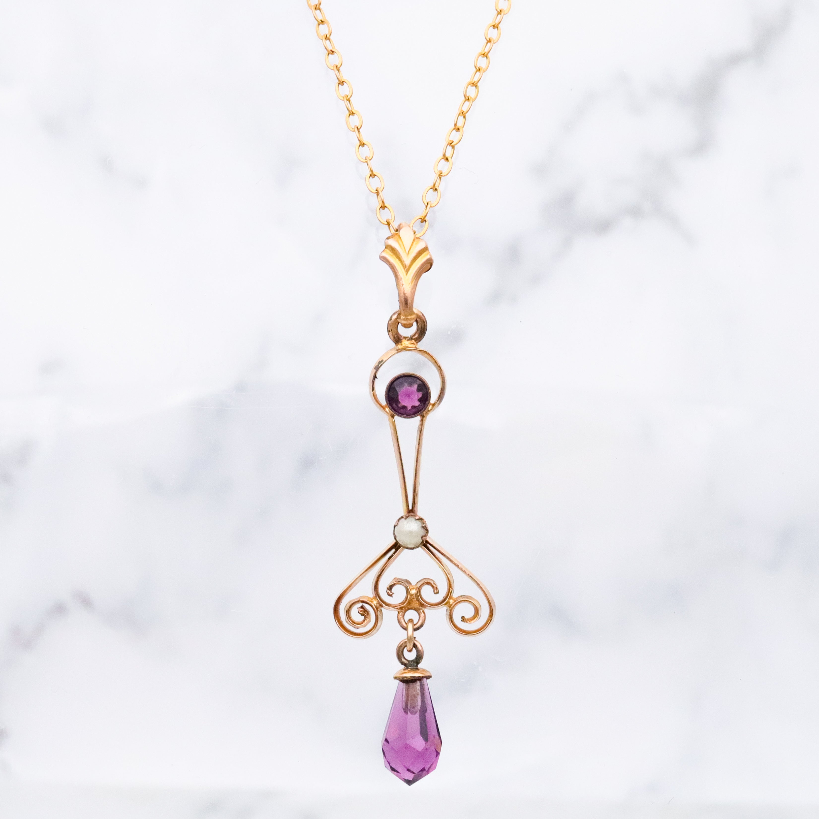 Antique Victorian faux amethyst & pearl gilt metal drop pendant
