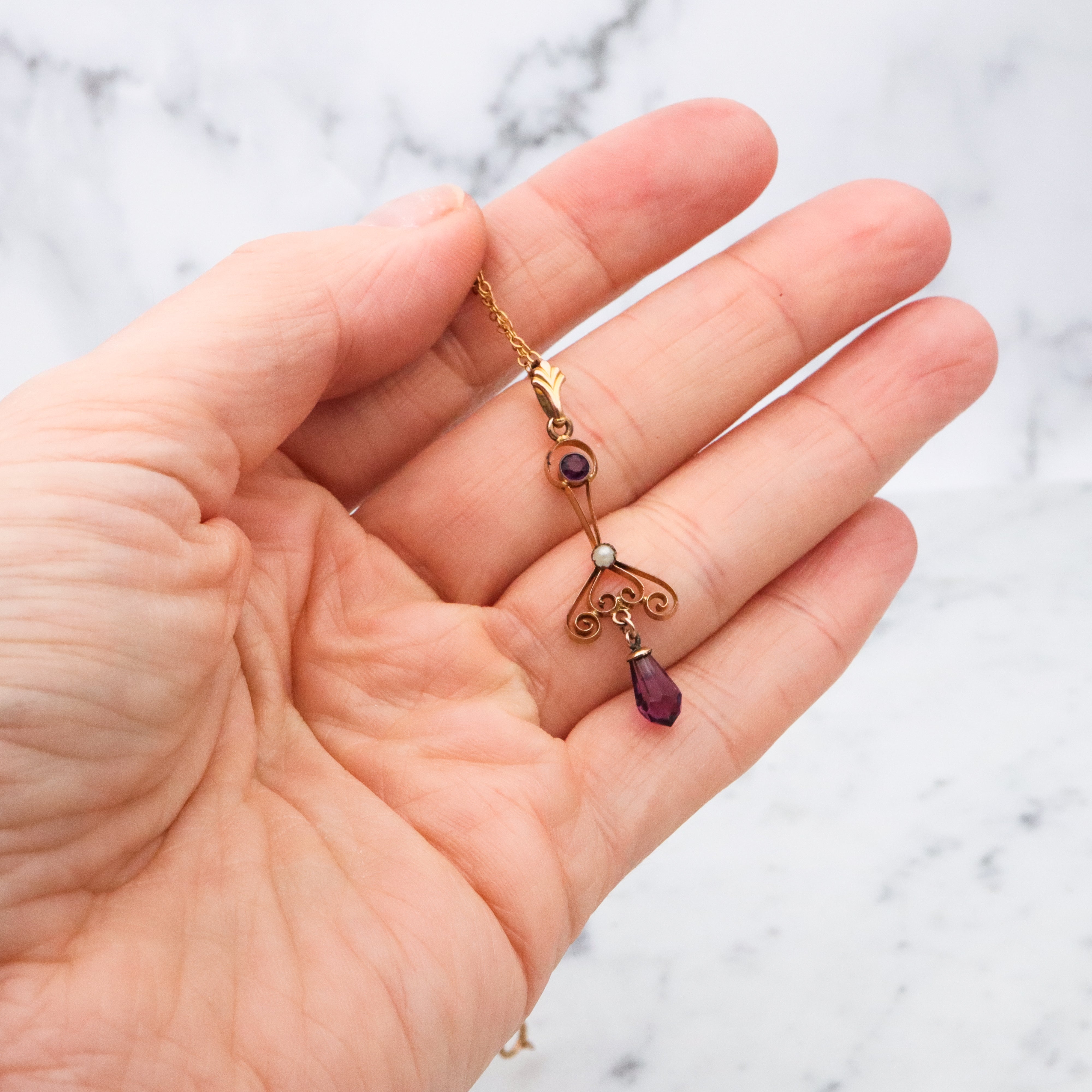 Antique Victorian faux amethyst & pearl gilt metal drop pendant